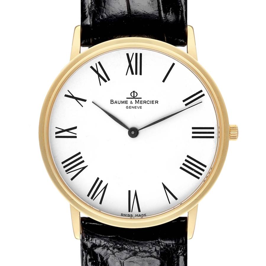 The Baume & Mercier Classima watch is shown from a front angle, displaying the face, Roman numerals, and leather strap.