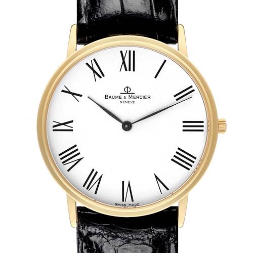 This Baume & Mercier Classima watch is shown from the front, highlighting its Roman numeral dial and black leather strap.