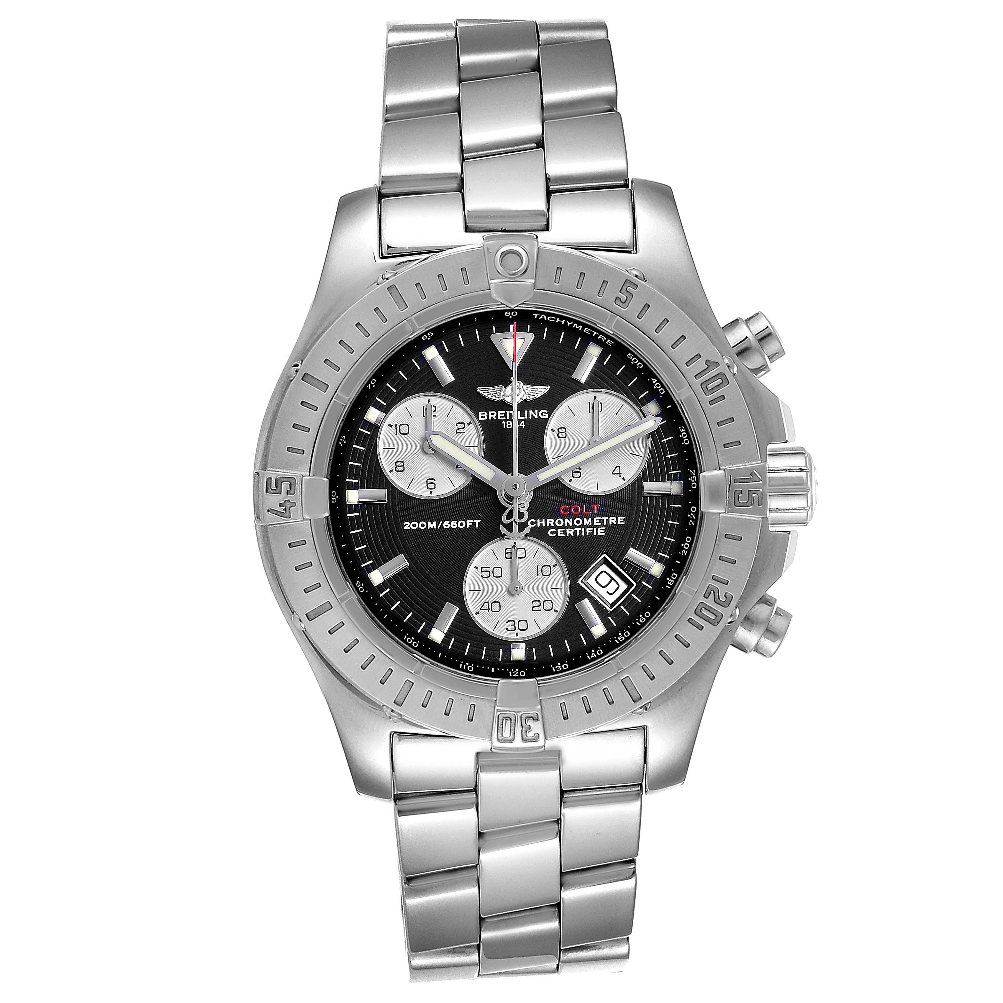 This image shows a front view of the Breitling Colt A73380 Men's Stainless Steel Black Dial A73380 Men's Stainless Steel Black Dial model watch, highlighting the face, bezel, chronograph dials, and stainless steel bracelet.