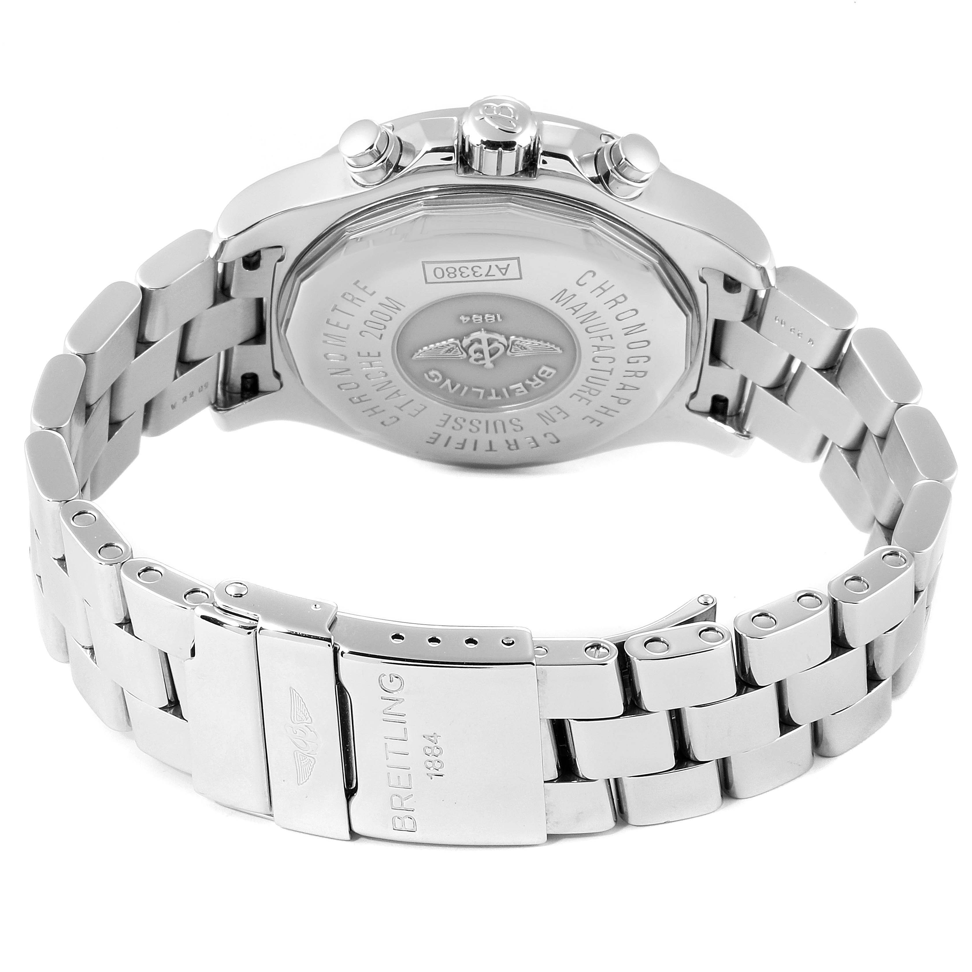 The image shows the back case and bracelet of a Breitling Colt A73380 Men's Stainless Steel Black Dial A73380 Men's Stainless Steel Black Dial watch, highlighting its engravings and clasp.