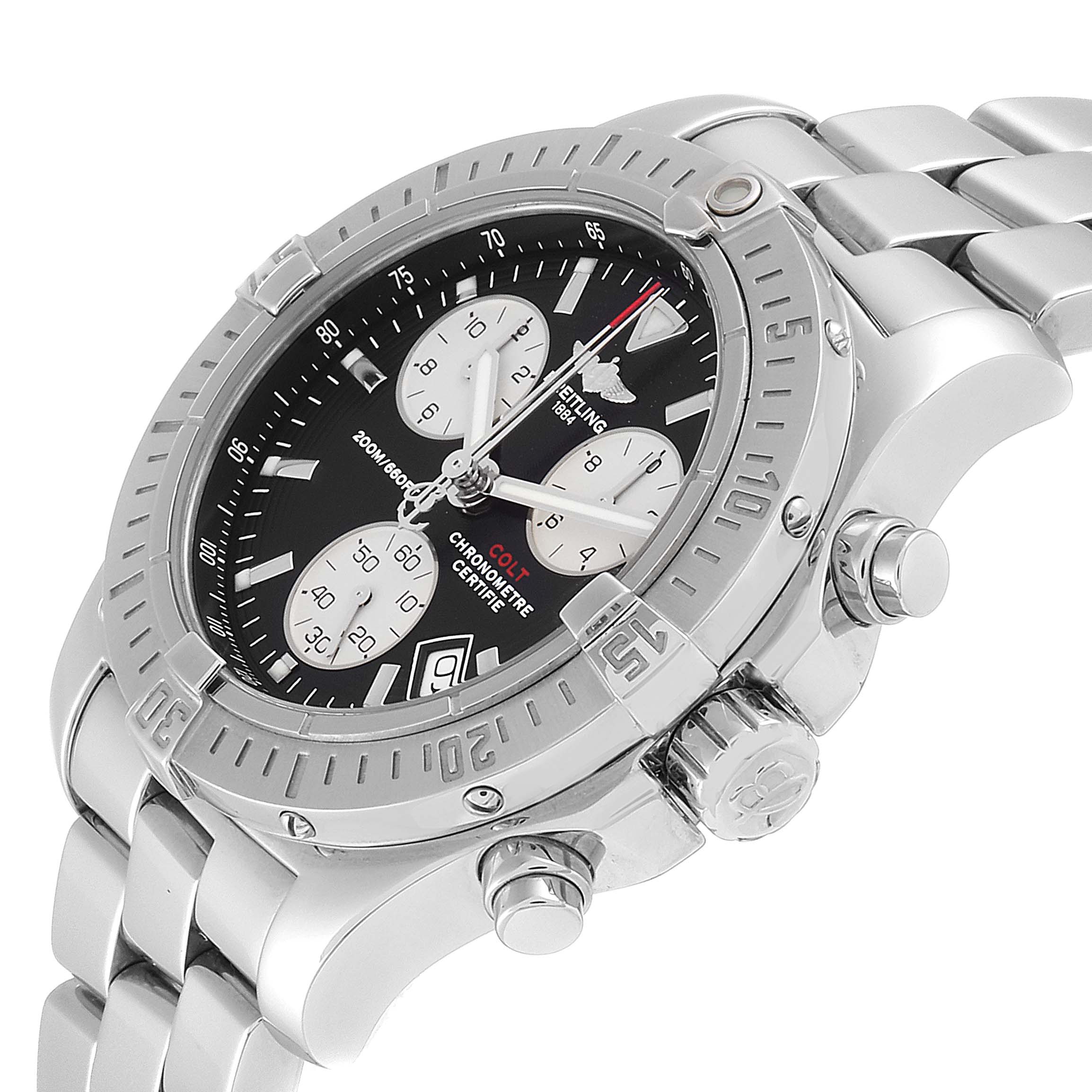 The Breitling Colt A73380 Men's Stainless Steel Black Dial A73380 Men's Stainless Steel Black Dial watch is shown from a slightly angled perspective, highlighting the dial, bezel, chronograph buttons, and part of the bracelet.