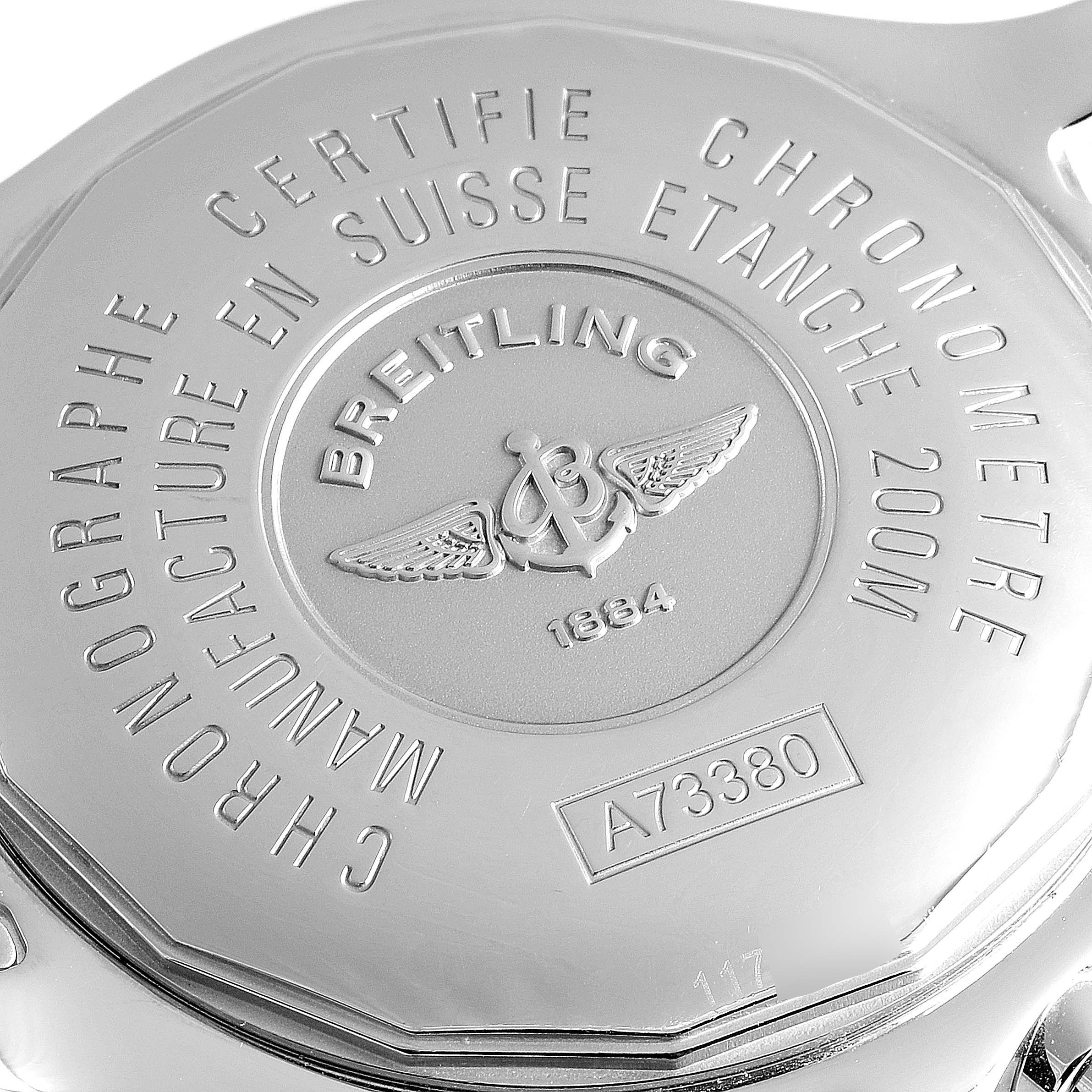 This image shows the back case of a Breitling Colt A73380 Men's Stainless Steel Black Dial A73380 Men's Stainless Steel Black Dial model watch, highlighting engravings and model information.