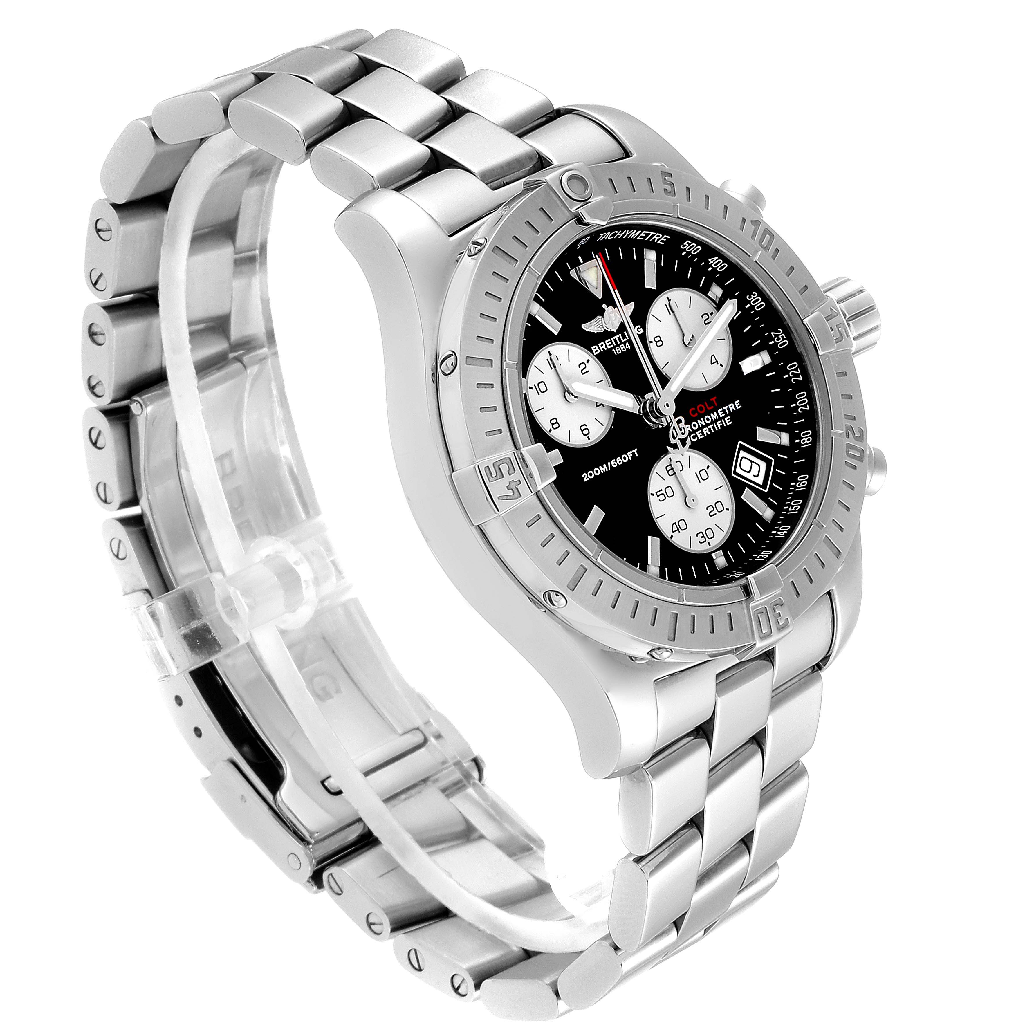 The image shows a side angle of the Breitling Colt A73380 Men's Stainless Steel Black Dial A73380 Men's Stainless Steel Black Dial watch, highlighting its stainless steel band, bezel, and chronograph dial.