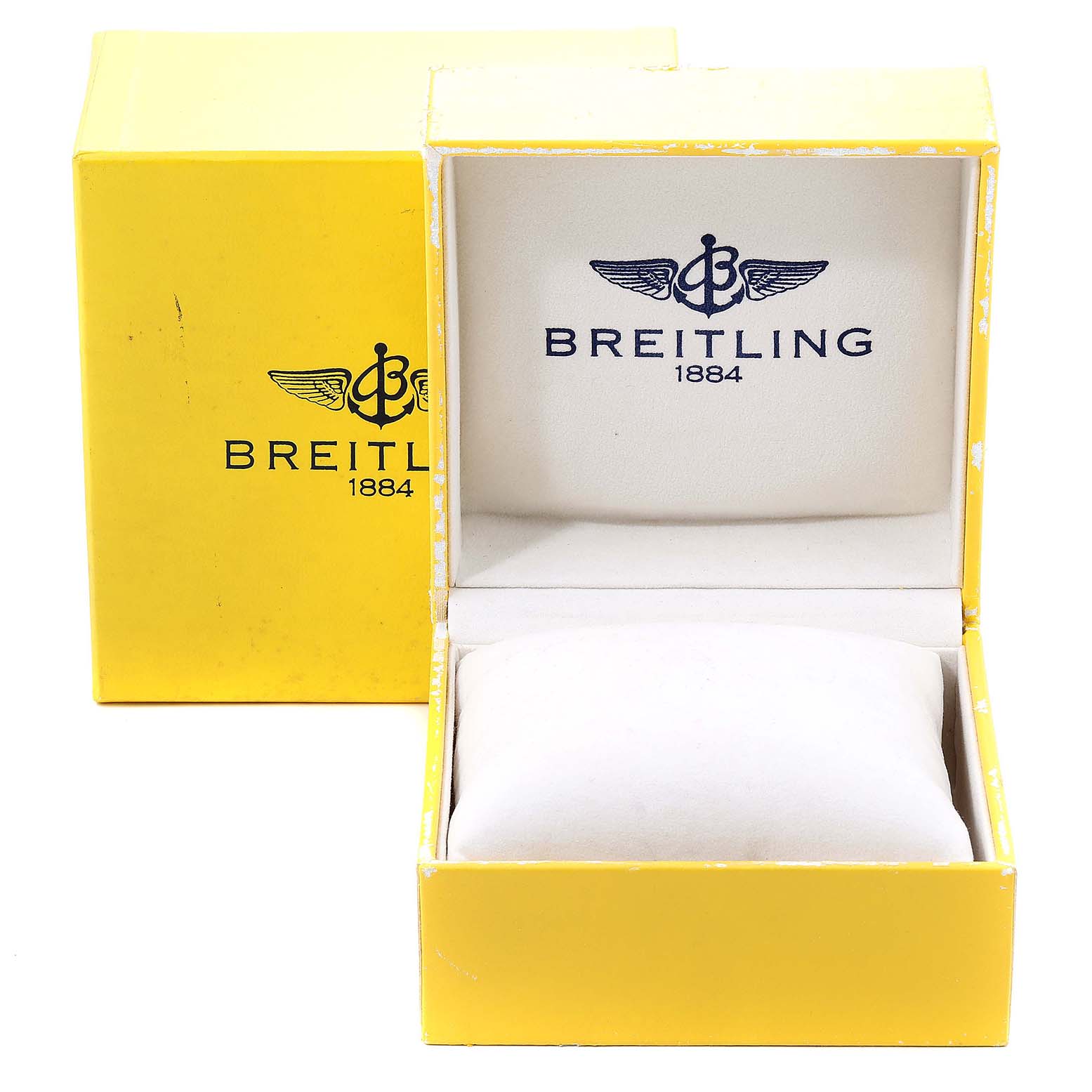 The image shows an open Breitling Colt A73380 Men's Stainless Steel Black Dial A73380 Men's Stainless Steel Black Dial watch box with a yellow exterior and a white interior.