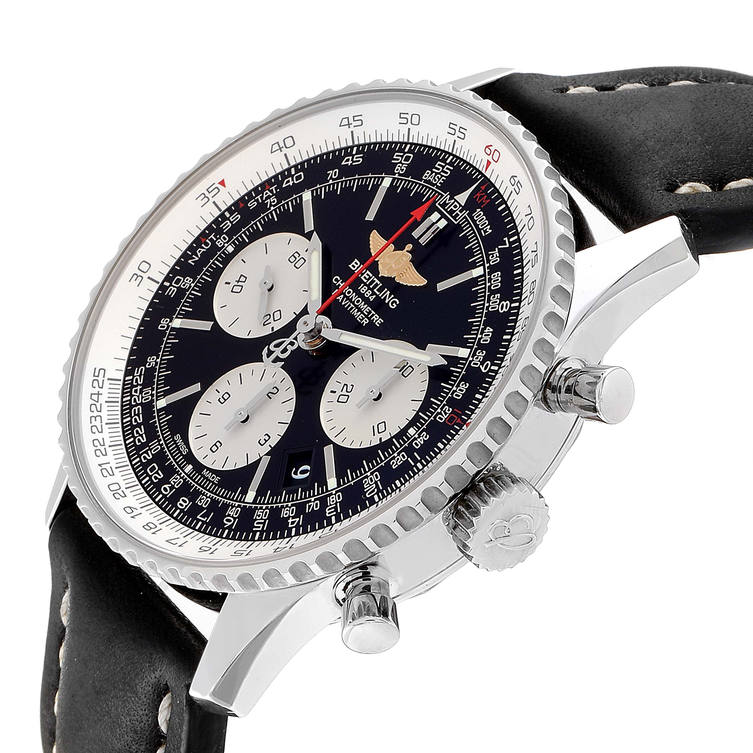 The image shows a side angle of a Breitling Navitimer AB0120 Men
s Stainless Steel Black Dial AB0120 Men
s Stainless Steel Black Dial watch, highlighting its crown, chronograph pushers, and leather strap.