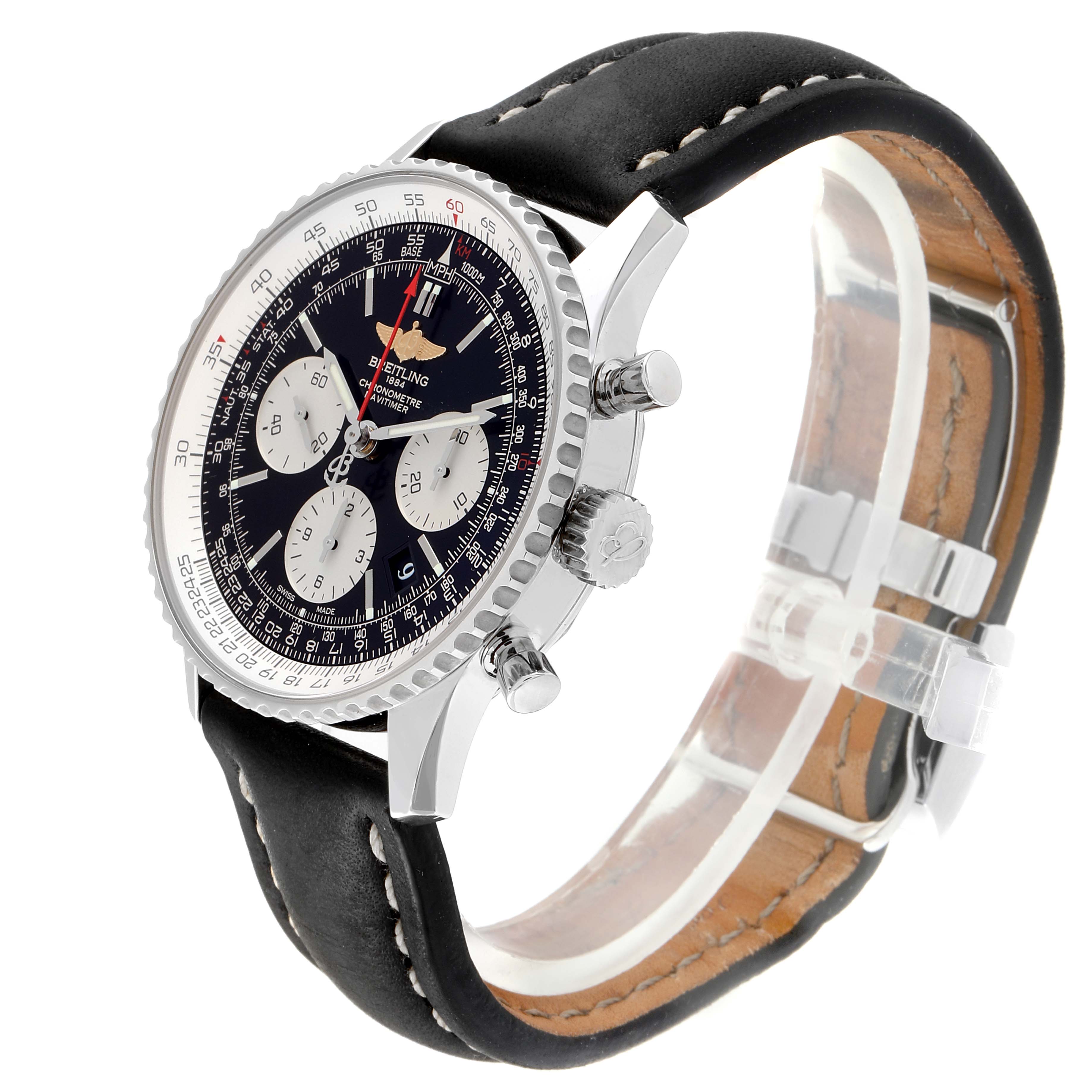 The image shows a Breitling Navitimer AB0120 Men
s Stainless Steel Black Dial AB0120 Men
s Stainless Steel Black Dial watch at a three-quarter angle, highlighting its face, bezel, chronograph pushers, and leather strap.