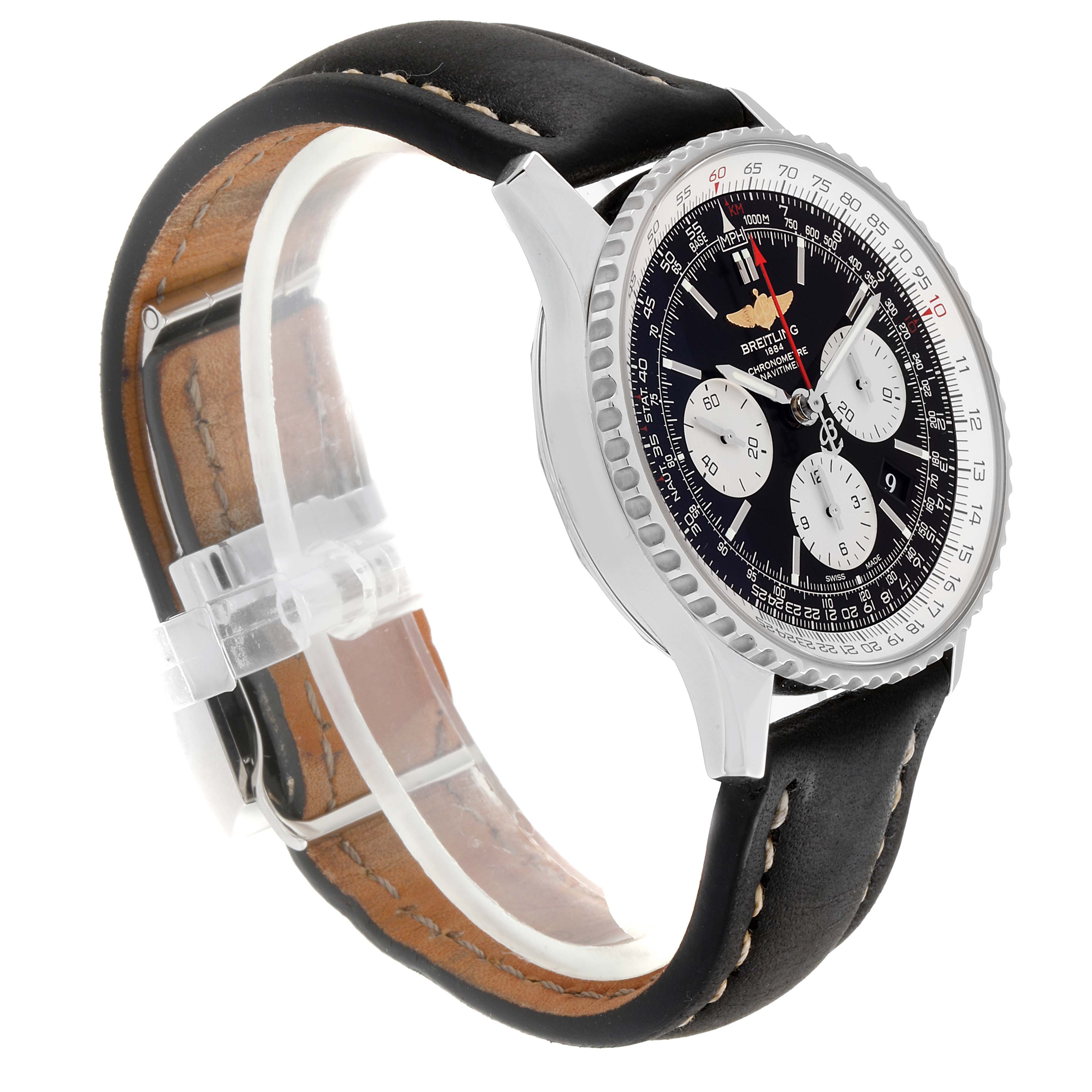 The image shows a side angle of a Breitling Navitimer AB0120 Men
s Stainless Steel Black Dial AB0120 Men
s Stainless Steel Black Dial watch, highlighting the dial, bezel, and leather strap.