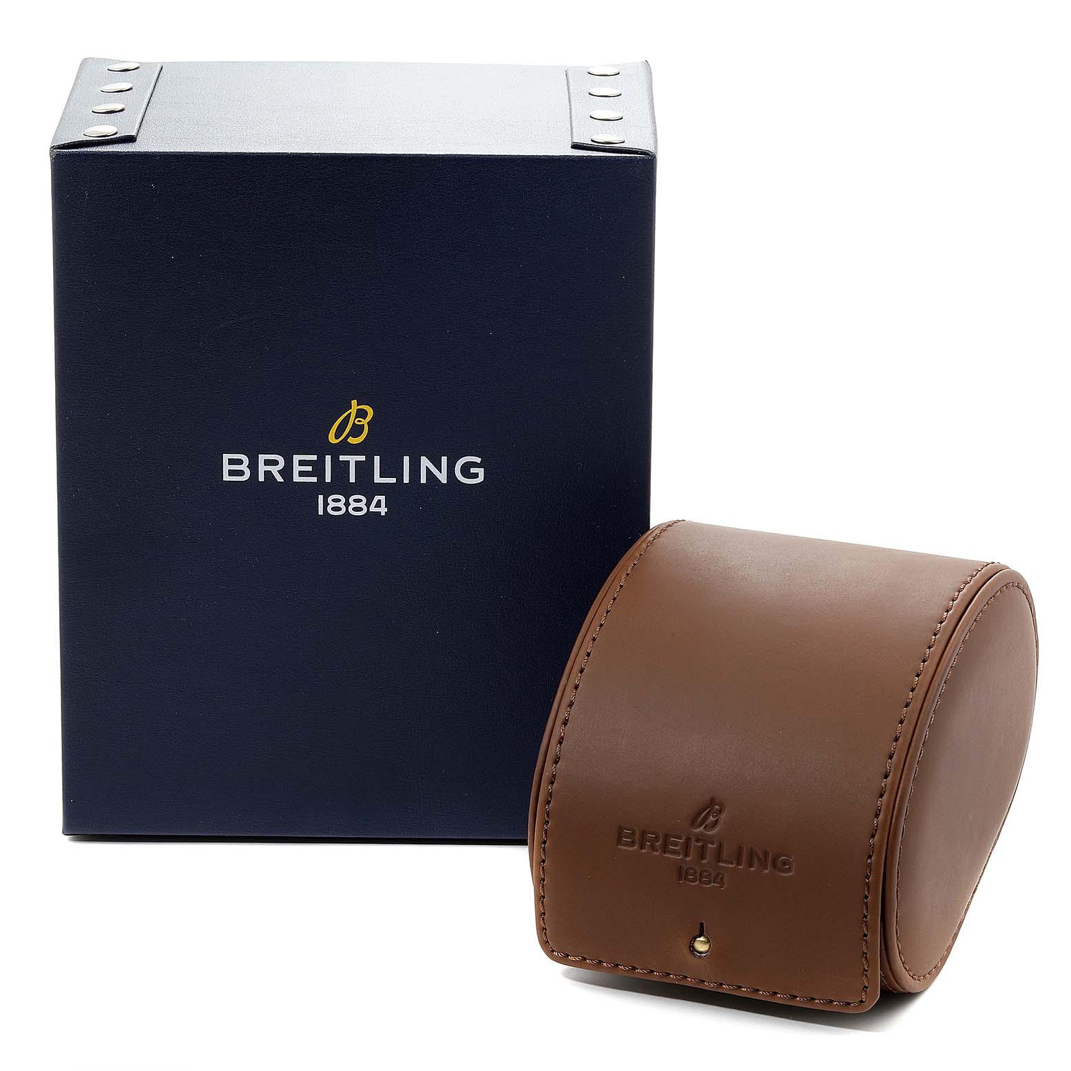This image shows the packaging for a Breitling Navitimer AB0120 Men
s Stainless Steel Black Dial AB0120 Men
s Stainless Steel Black Dial watch, with a blue box and a brown leather case.