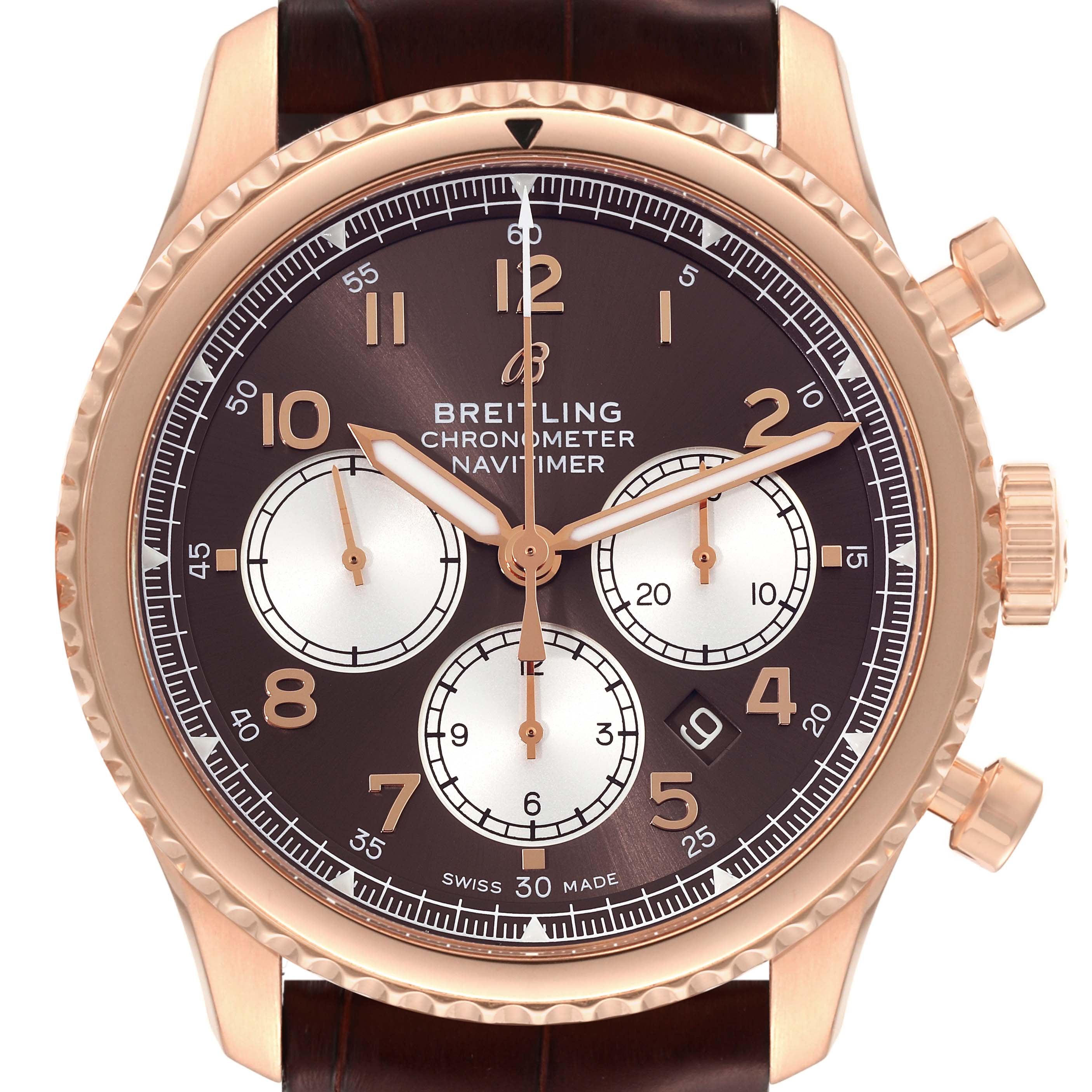 The image shows a top-down view of the Breitling Aviator RB0117131Q1P1 Men's Rose Gold Brown Dial RB0117131Q1P1 Men's Rose Gold Brown Dial Navitimer, highlighting its brown dial, chronograph subdials, and gold accents.