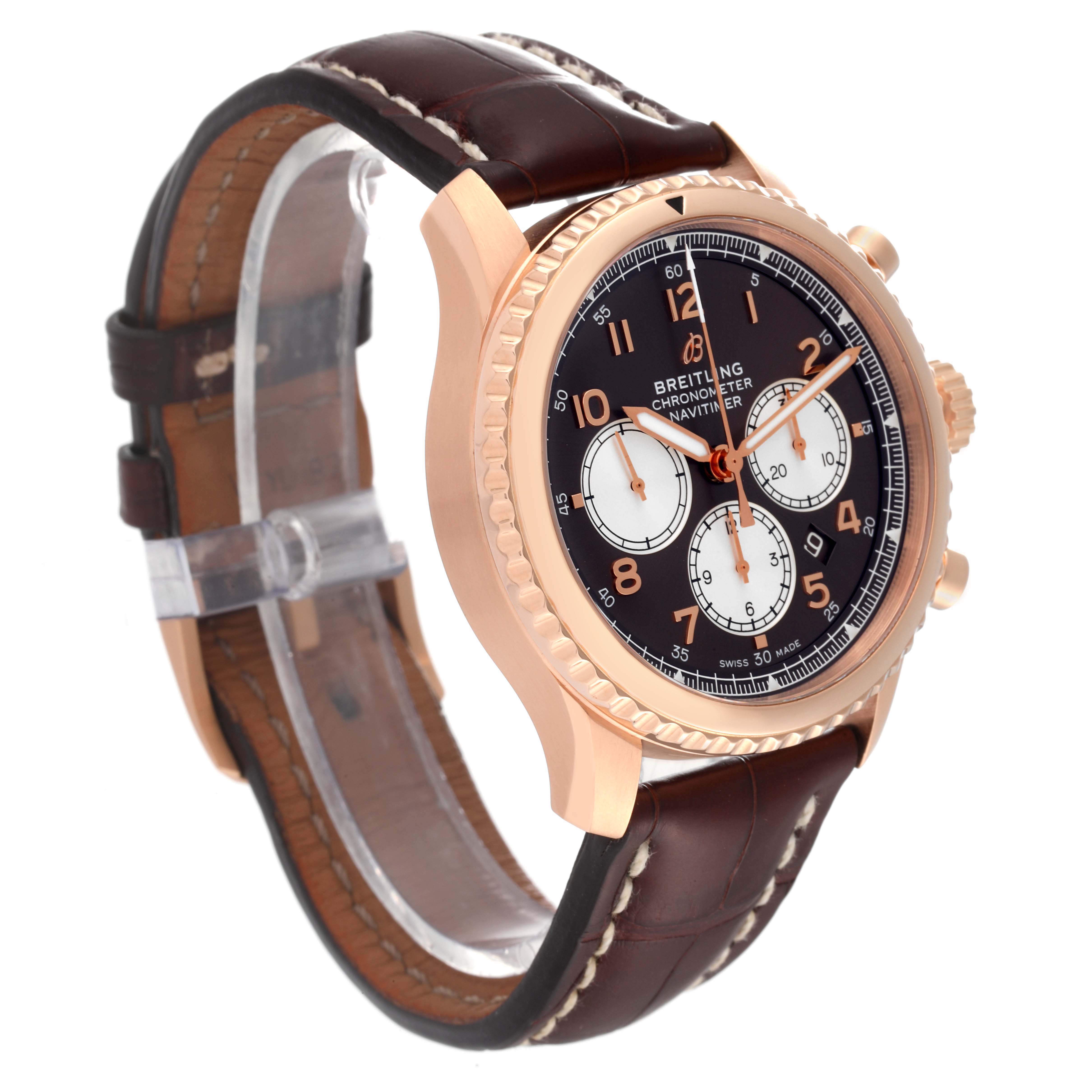 The image shows a side angle of the Breitling Navitimer watch, highlighting its dial, bezel, and leather strap.