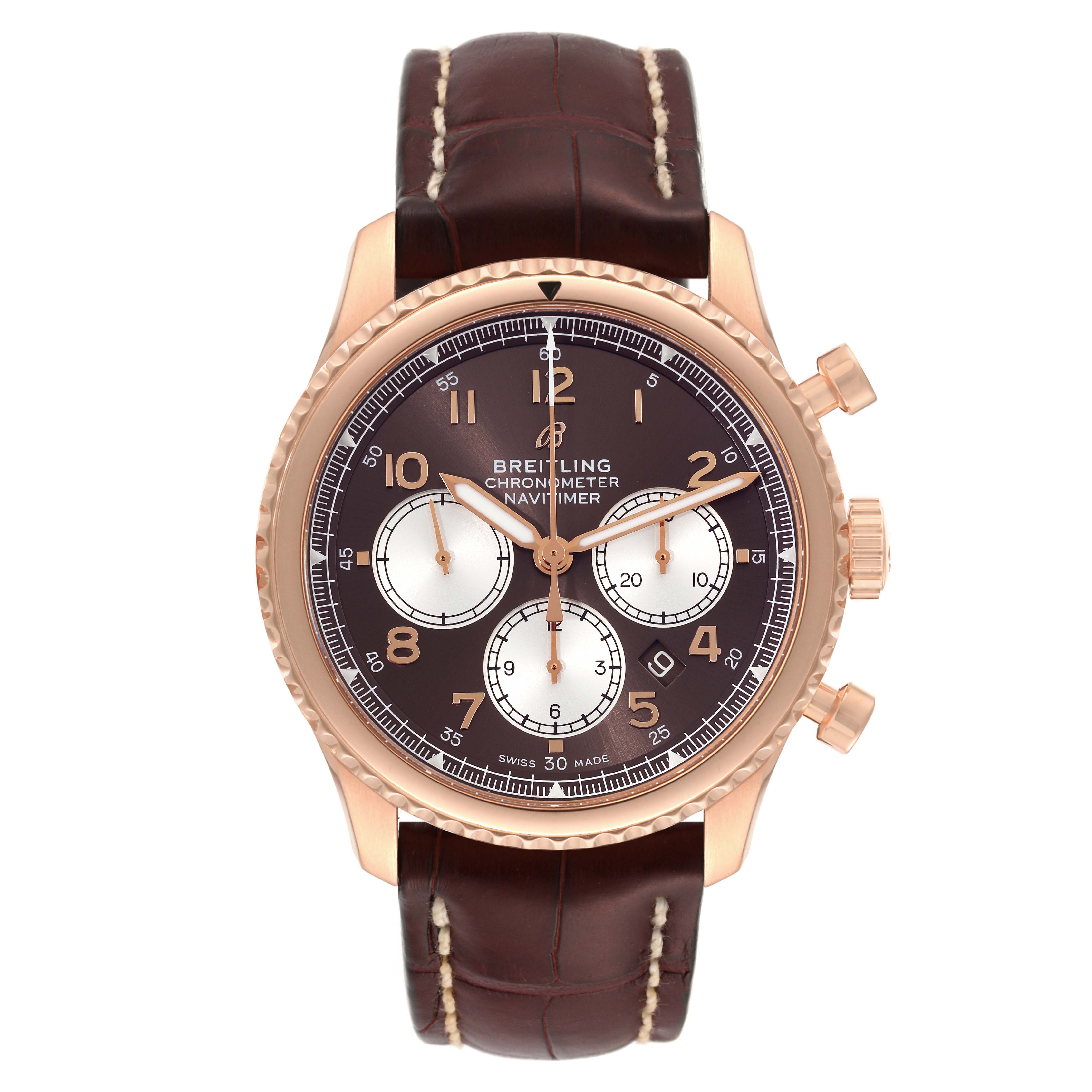 The image shows a front view of a Breitling Navitimer watch with a brown leather strap and gold casing.