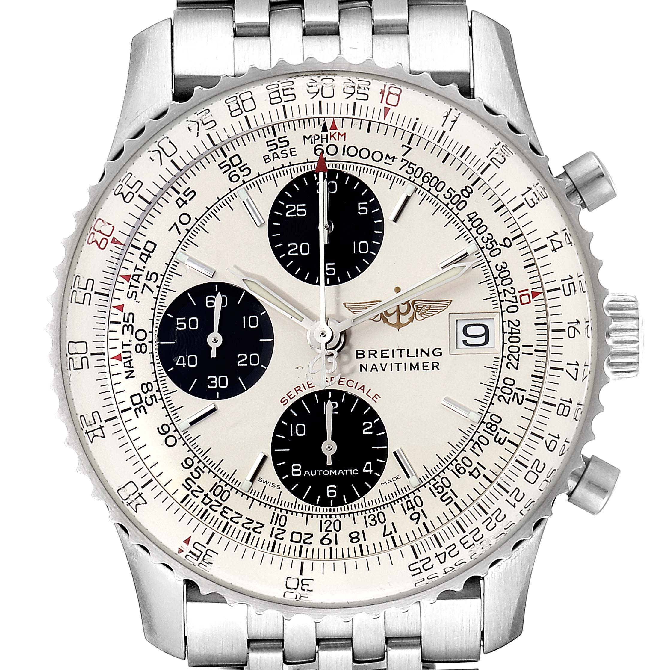 The image shows a front view of the Breitling Navitimer A13330 Men's Stainless Steel Silver Dial A13330 Men's Stainless Steel Silver Dial watch, highlighting its dial, bezel, chronograph subdials, and metal bracelet.