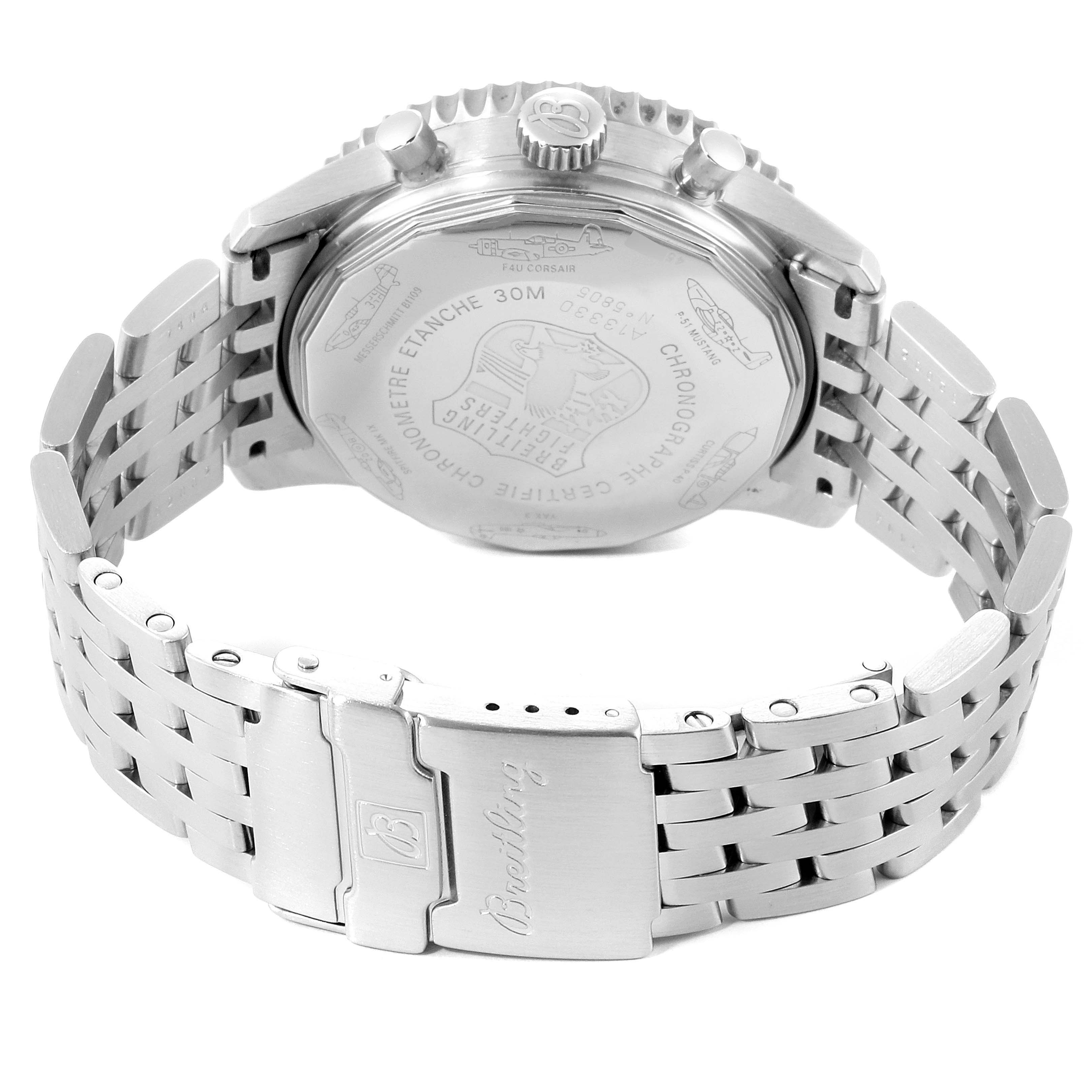 The image shows the back view of the Breitling Navitimer A13330 Men's Stainless Steel Silver Dial A13330 Men's Stainless Steel Silver Dial watch, highlighting its case back, crown, and metal bracelet.