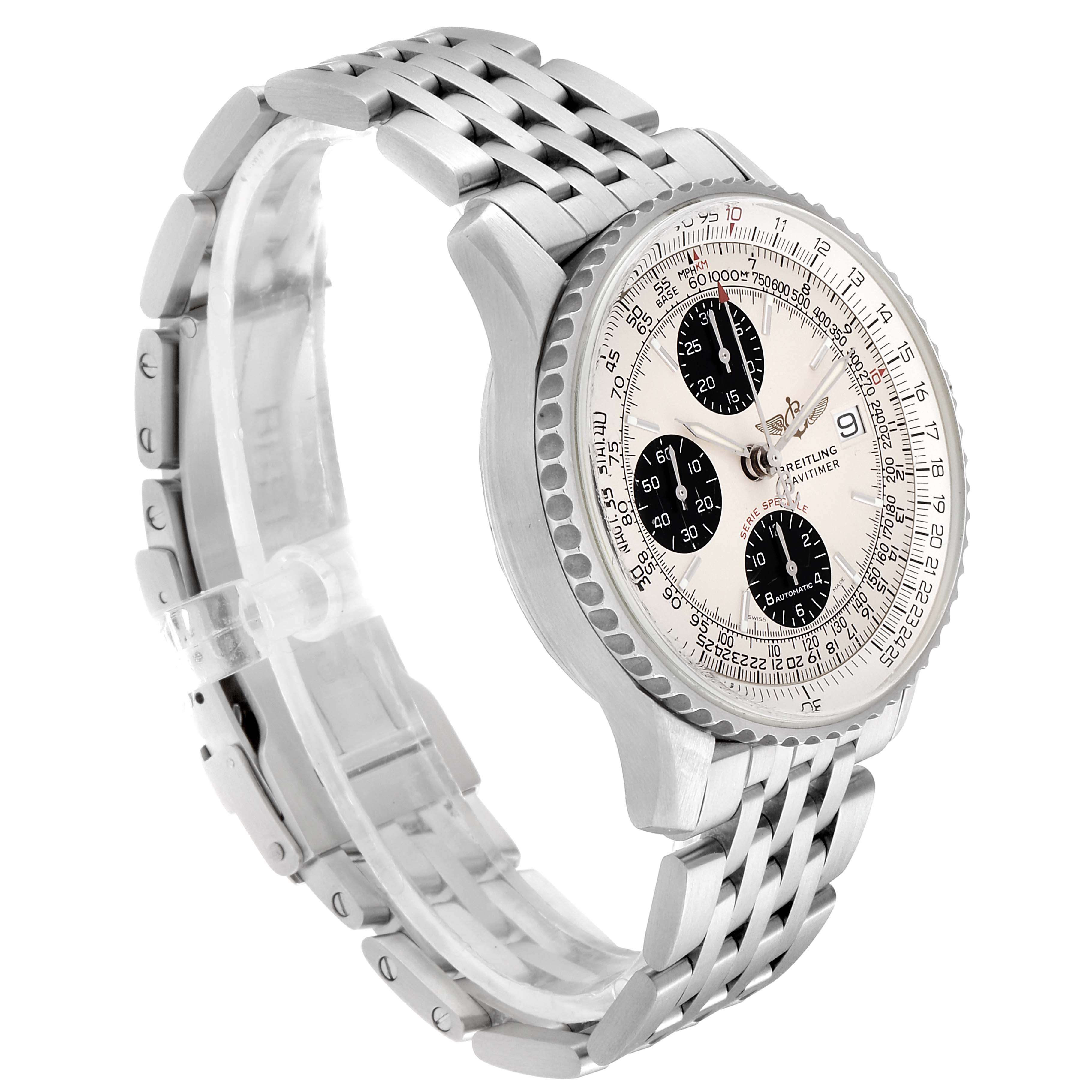 This image shows a side view of a Breitling Navitimer A13330 Men's Stainless Steel Silver Dial A13330 Men's Stainless Steel Silver Dial watch, highlighting its case, dial, and metal bracelet.