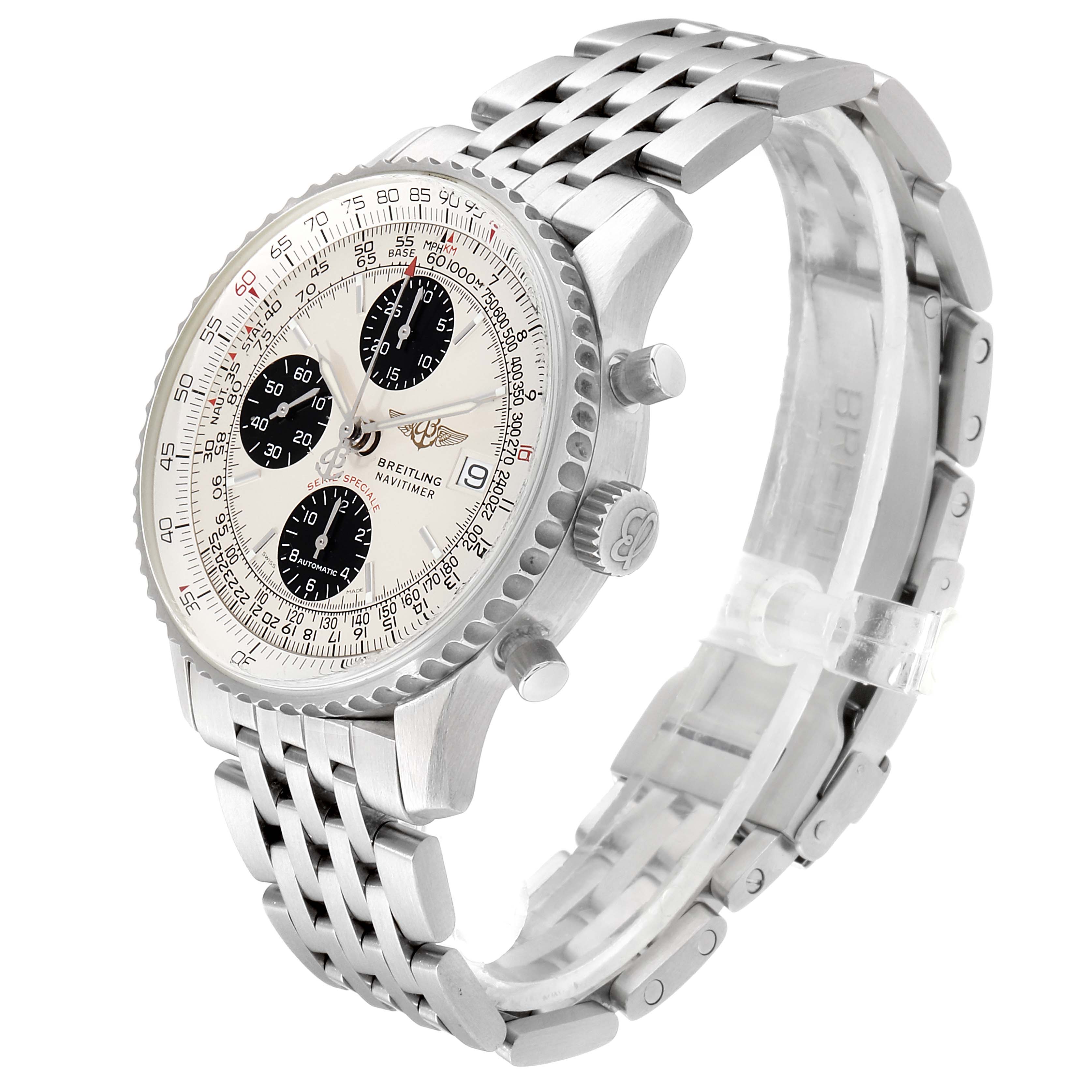 The image shows a side angle of a Breitling Navitimer A13330 Men's Stainless Steel Silver Dial A13330 Men's Stainless Steel Silver Dial watch highlighting its dial, crown, chronograph pushers, and bracelet.
