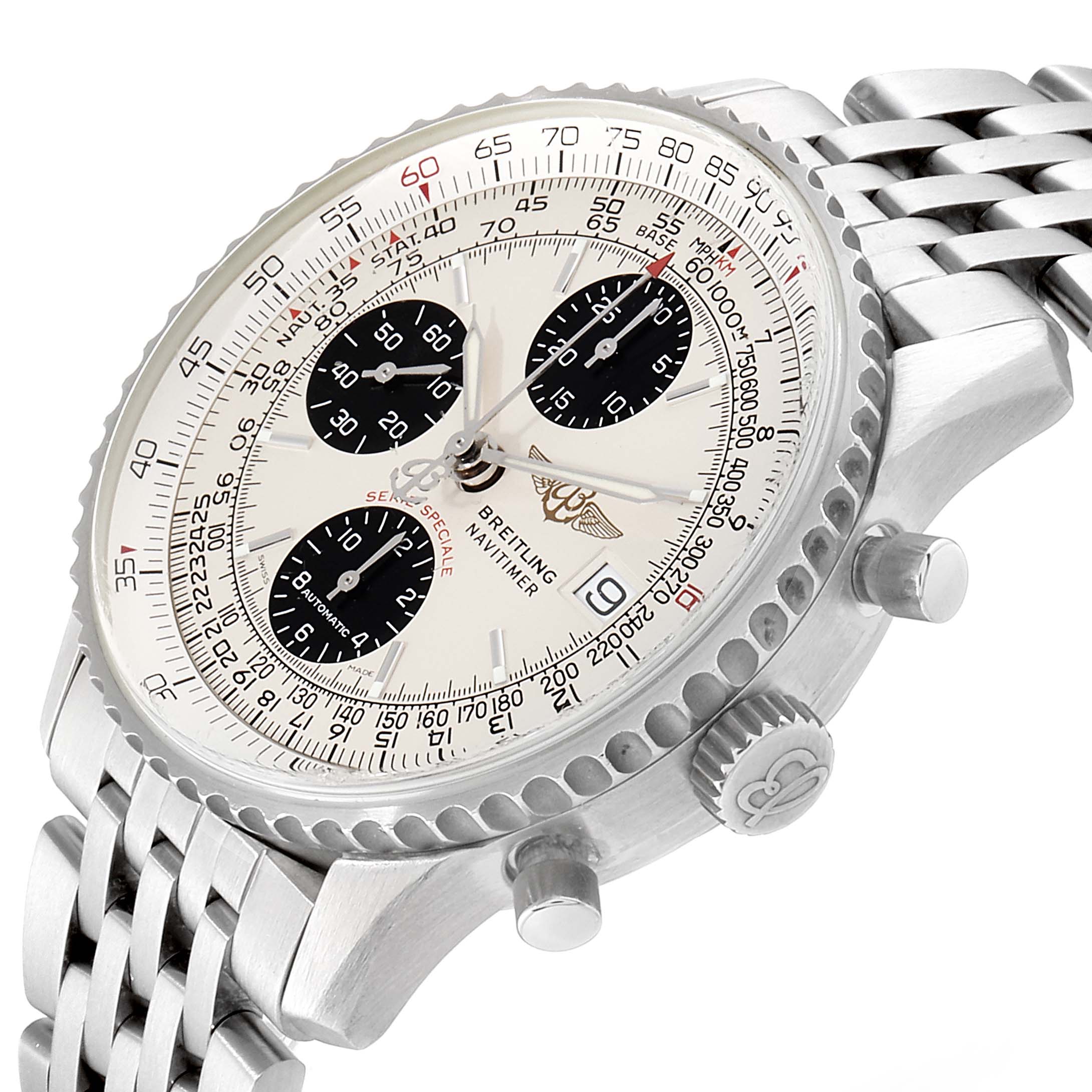 The Breitling Navitimer A13330 Men's Stainless Steel Silver Dial A13330 Men's Stainless Steel Silver Dial watch is shown from a side angle, detailing the bezel, crown, pushers, and stainless steel bracelet.