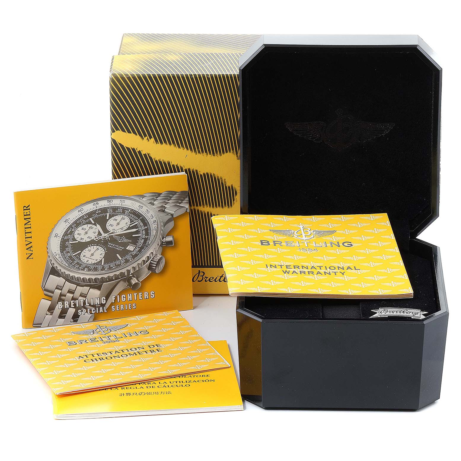 The image shows the packaging, manuals, and warranty cards for a Breitling Navitimer A13330 Men's Stainless Steel Silver Dial A13330 Men's Stainless Steel Silver Dial watch.