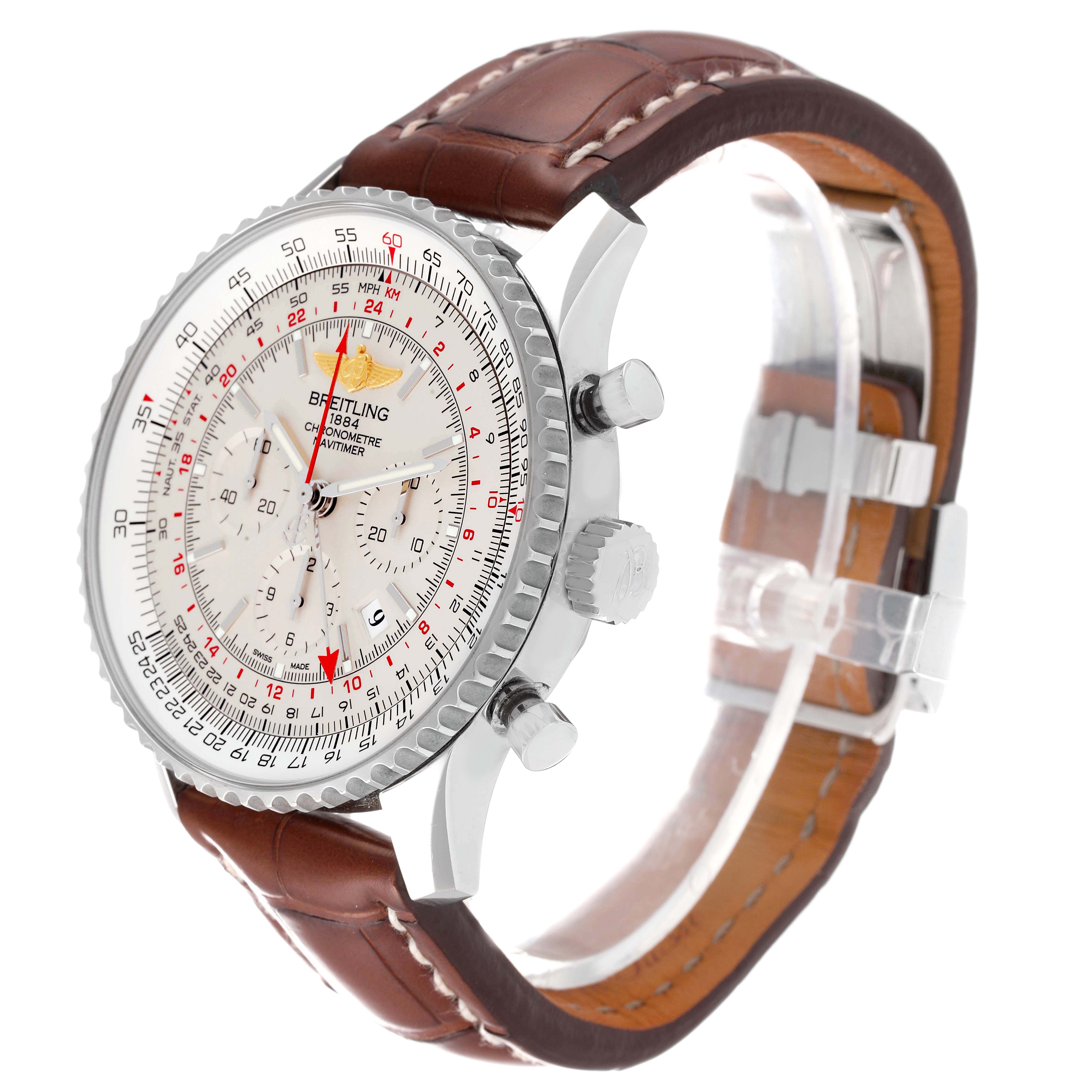 The image shows a side angle of a Breitling Navitimer AB044121-G783-453A Men's Stainless Steel Silver Dial AB044121-G783-453A Men's Stainless Steel Silver Dial watch with a brown leather strap and a clear view of its face and crown.