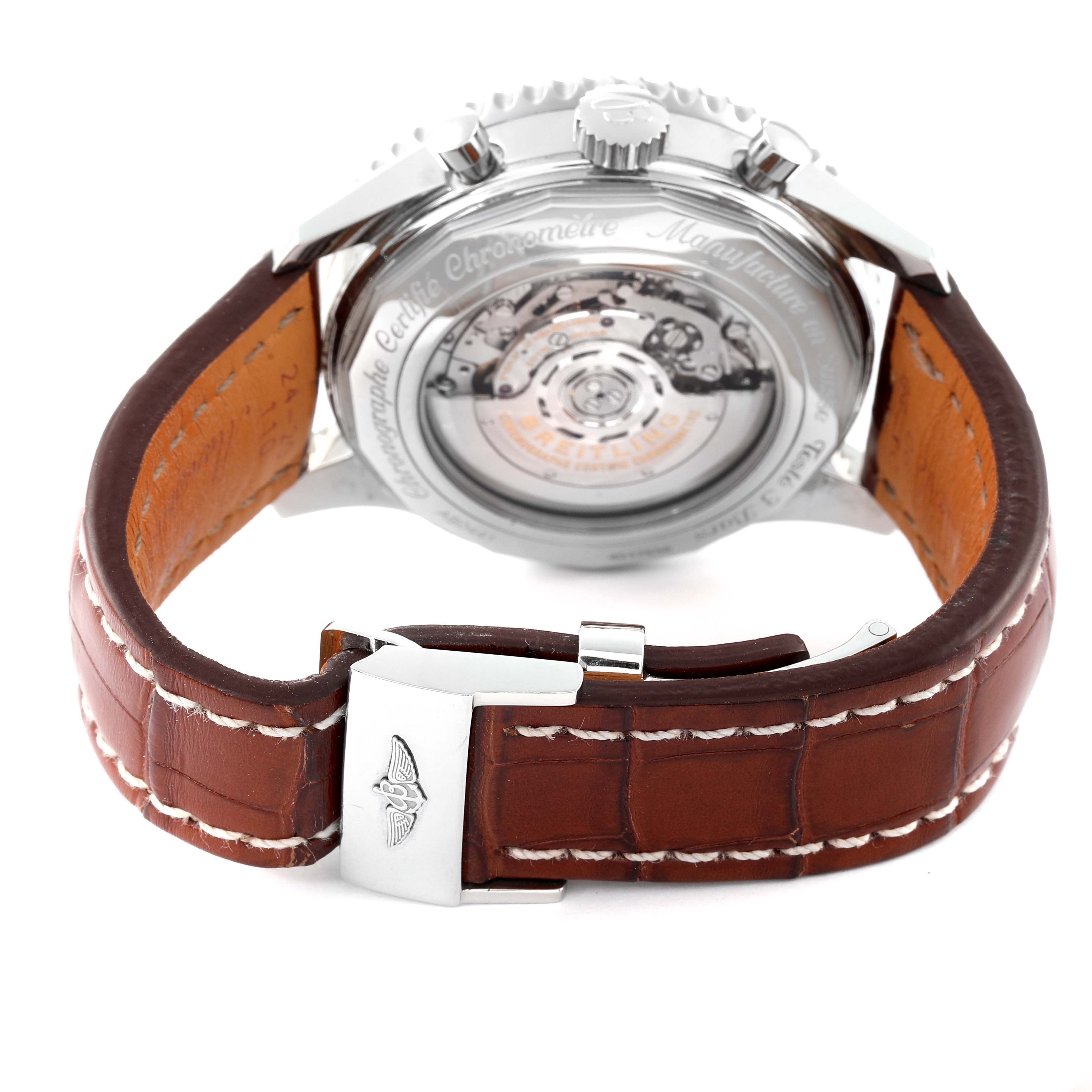 This image shows the back of a Breitling Navitimer AB044121-G783-453A Men's Stainless Steel Silver Dial AB044121-G783-453A Men's Stainless Steel Silver Dial watch, including the leather strap, clasp, and exhibition case back.