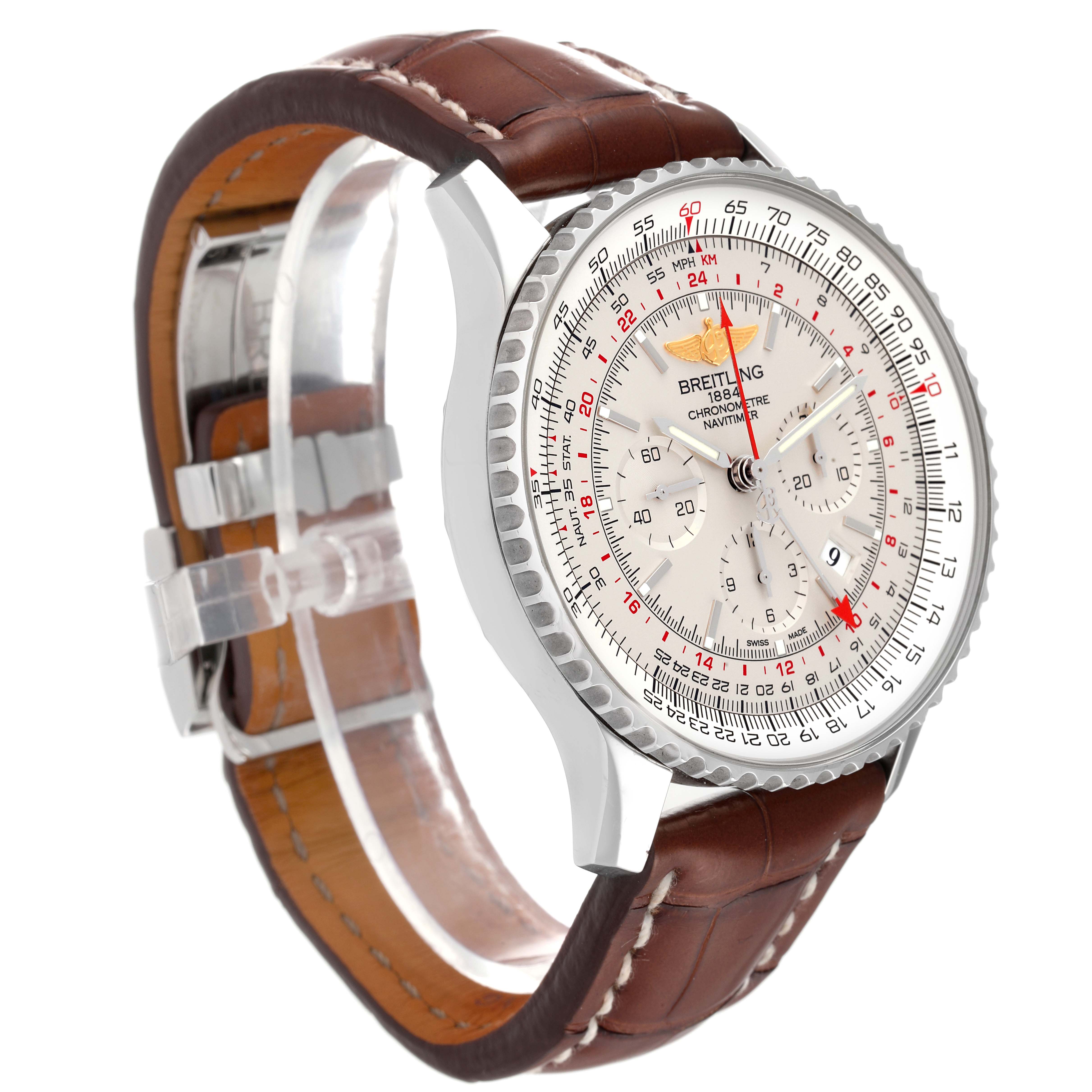 The Breitling Navitimer AB044121-G783-453A Men's Stainless Steel Silver Dial AB044121-G783-453A Men's Stainless Steel Silver Dial watch is shown at a slight angle, highlighting its dial, case, and leather strap.