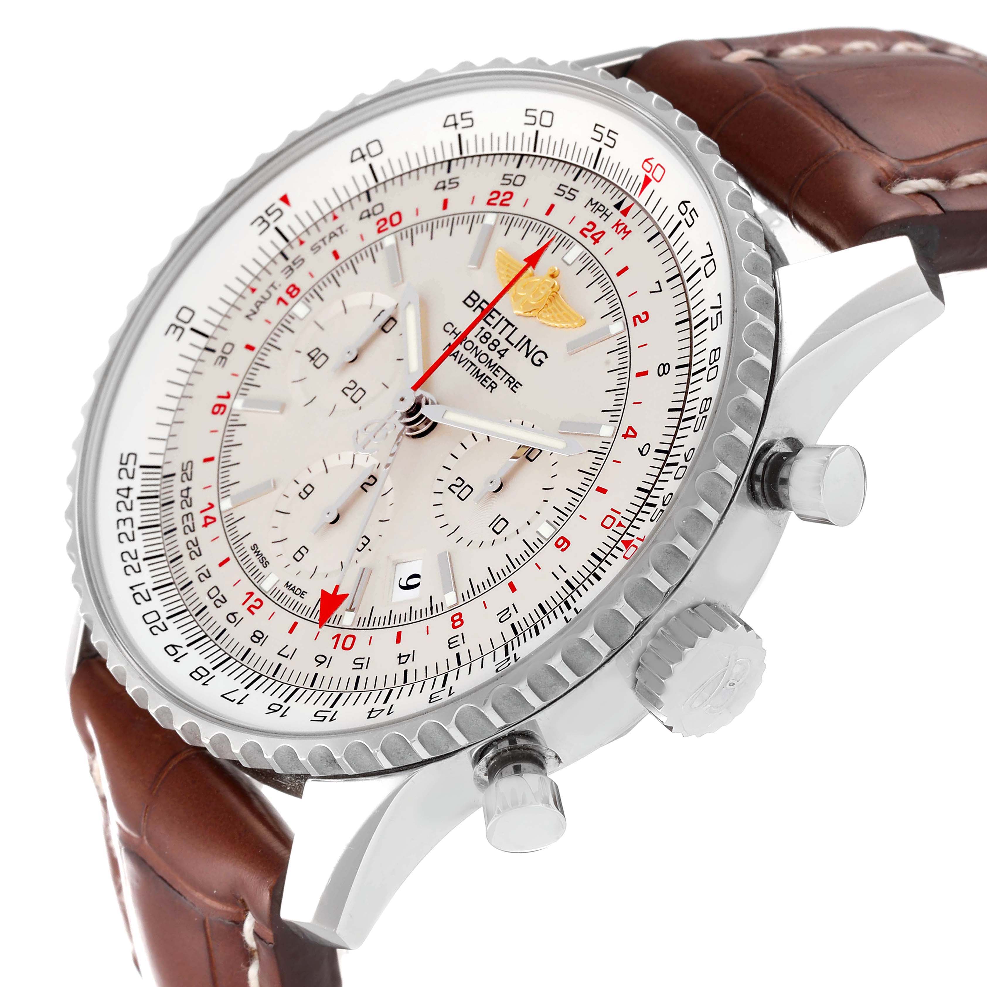 The image shows a side angle of the Breitling Navitimer AB044121-G783-453A Men's Stainless Steel Silver Dial AB044121-G783-453A Men's Stainless Steel Silver Dial watch, highlighting its face, bezel, pushers, crown, and leather strap.