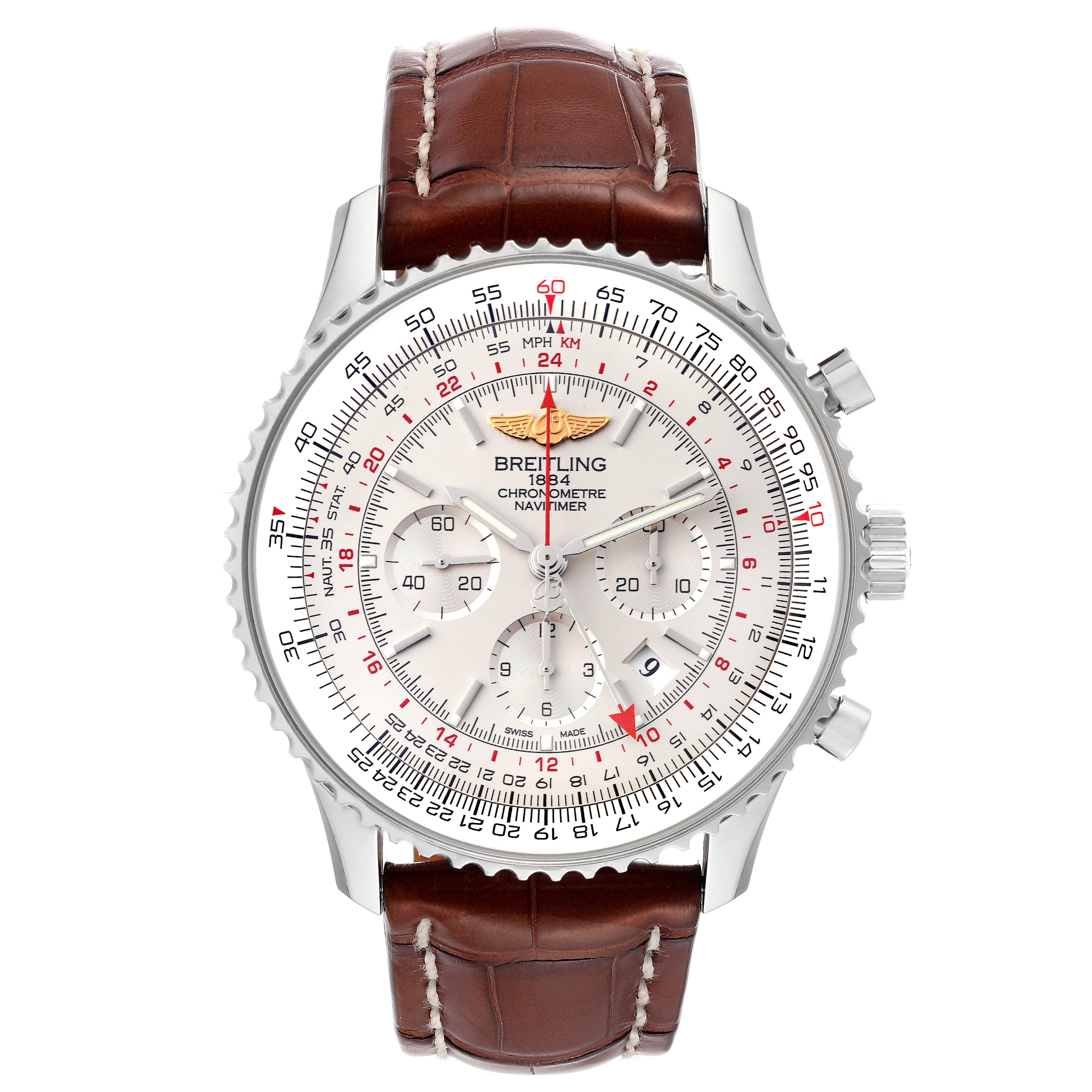 The Breitling Navitimer AB044121-G783-453A Men's Stainless Steel Silver Dial AB044121-G783-453A Men's Stainless Steel Silver Dial watch is shown from a front view, featuring its dial, bezel, and brown leather strap.