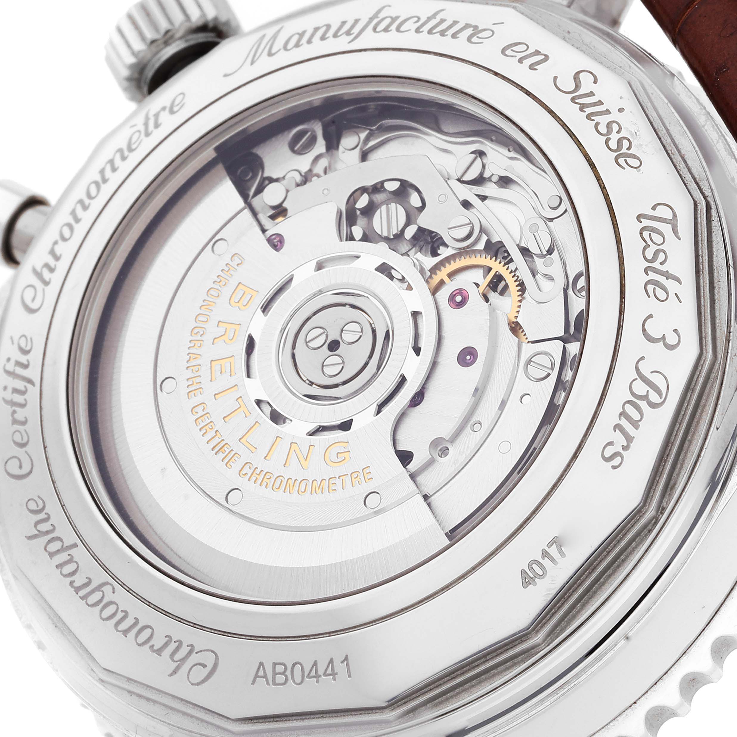 This image shows the back view of the Breitling Navitimer AB044121-G783-453A Men's Stainless Steel Silver Dial AB044121-G783-453A Men's Stainless Steel Silver Dial watch, highlighting the movement and internal mechanism.