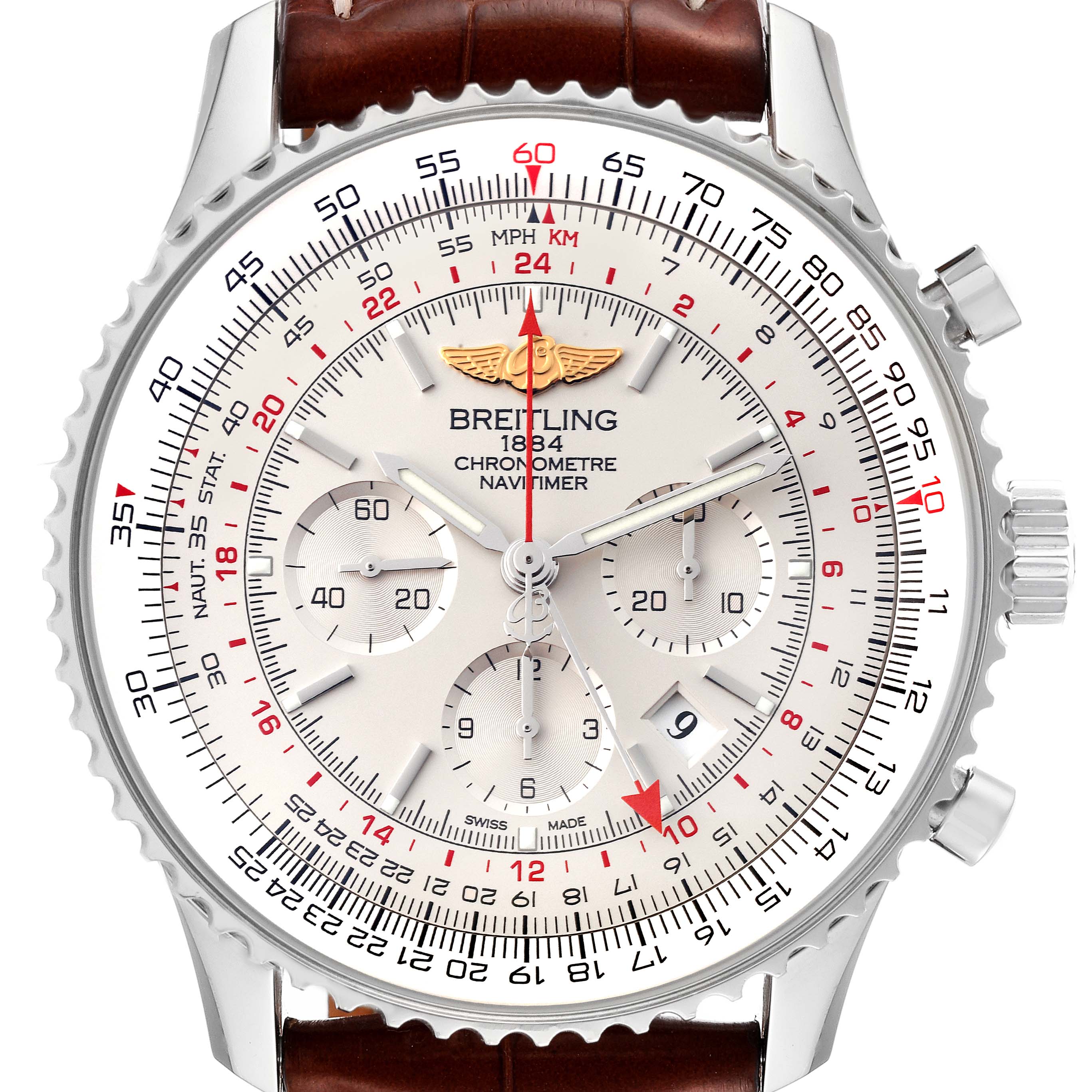 This is a close-up view of the Breitling Navitimer AB044121-G783-453A Men's Stainless Steel Silver Dial AB044121-G783-453A Men's Stainless Steel Silver Dial watch face, showing the bezel, chronograph dials, and part of the leather strap.