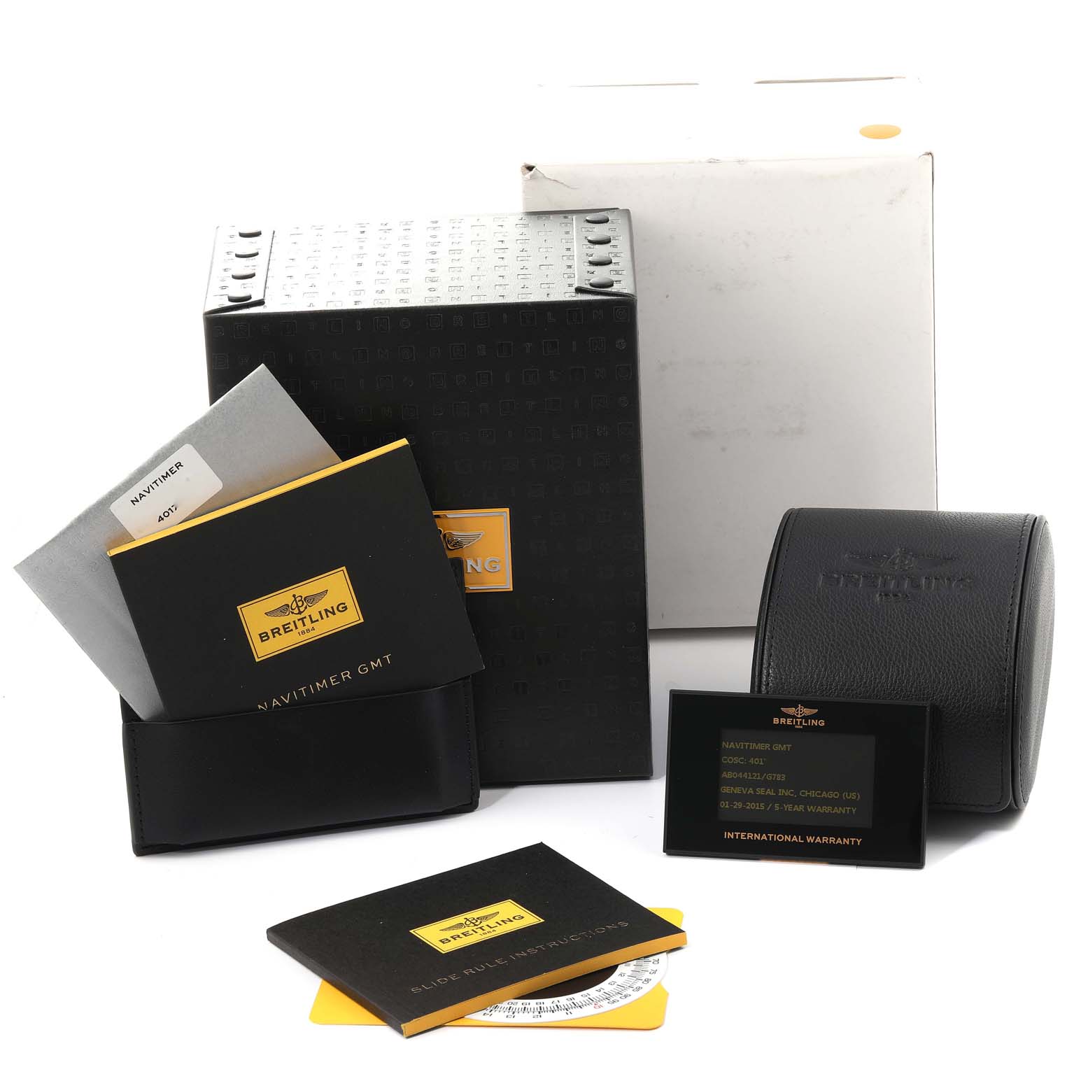 The image shows the Breitling Navitimer AB044121-G783-453A Men's Stainless Steel Silver Dial AB044121-G783-453A Men's Stainless Steel Silver Dial watch box, warranty cards, manuals, and a travel case from a front angle.