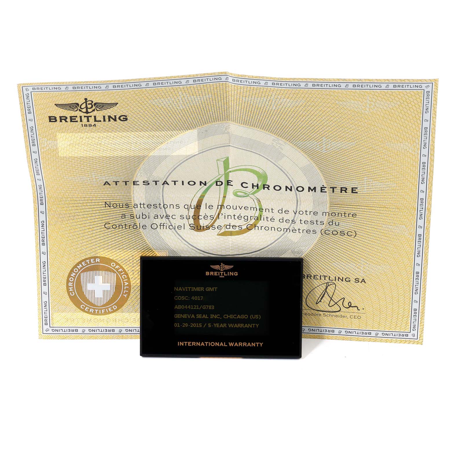 The image shows the certificate and warranty card for a Breitling Navitimer AB044121-G783-453A Men's Stainless Steel Silver Dial AB044121-G783-453A Men's Stainless Steel Silver Dial GMT model, viewed from the front.