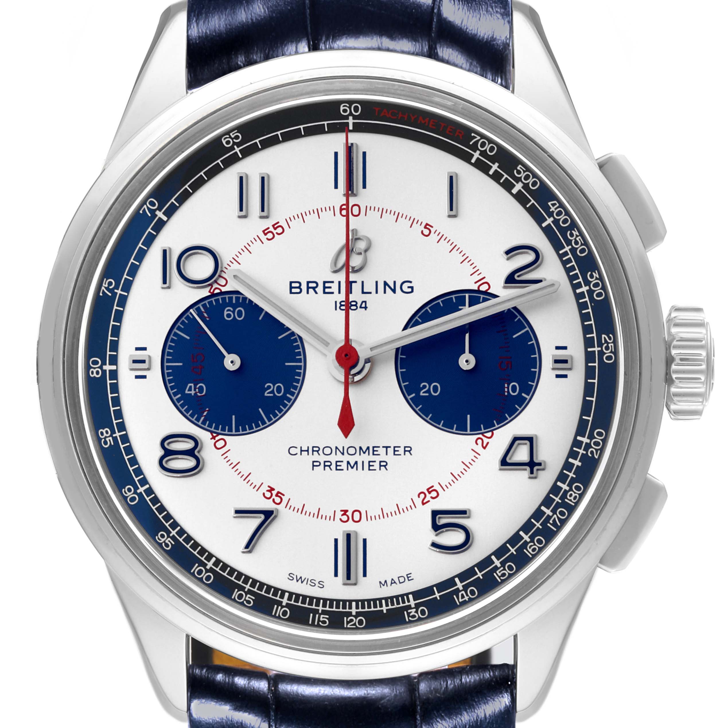 The Breitling Premier AB0118 Men's Stainless Steel Silver Dial AB0118 Men's Stainless Steel Silver Dial watch is shown from the front, highlighting the dial, hands, and bezel.