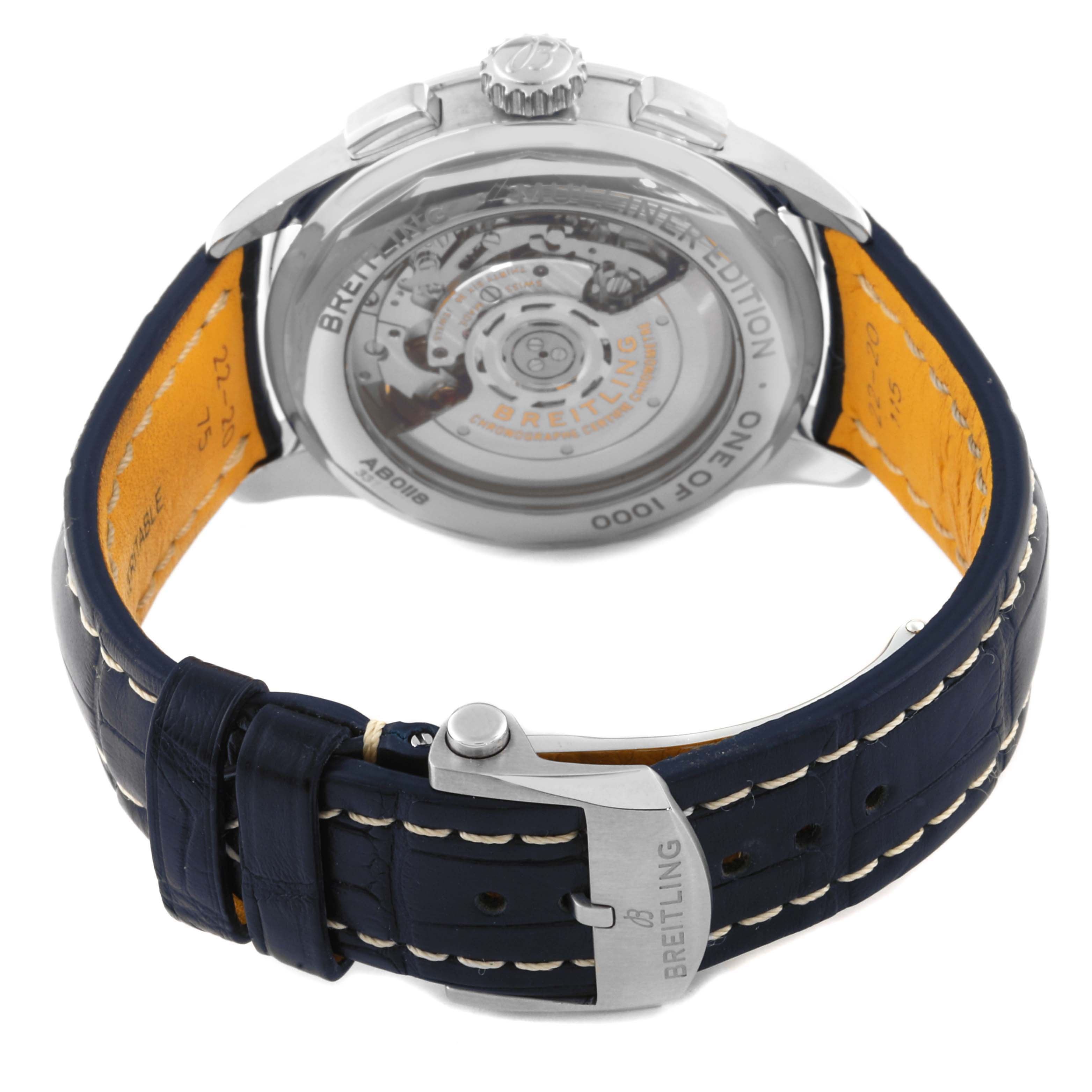 The Breitling Premier AB0118 Men's Stainless Steel Silver Dial AB0118 Men's Stainless Steel Silver Dial watch is shown from the back, displaying the open case back and leather strap with the buckle.