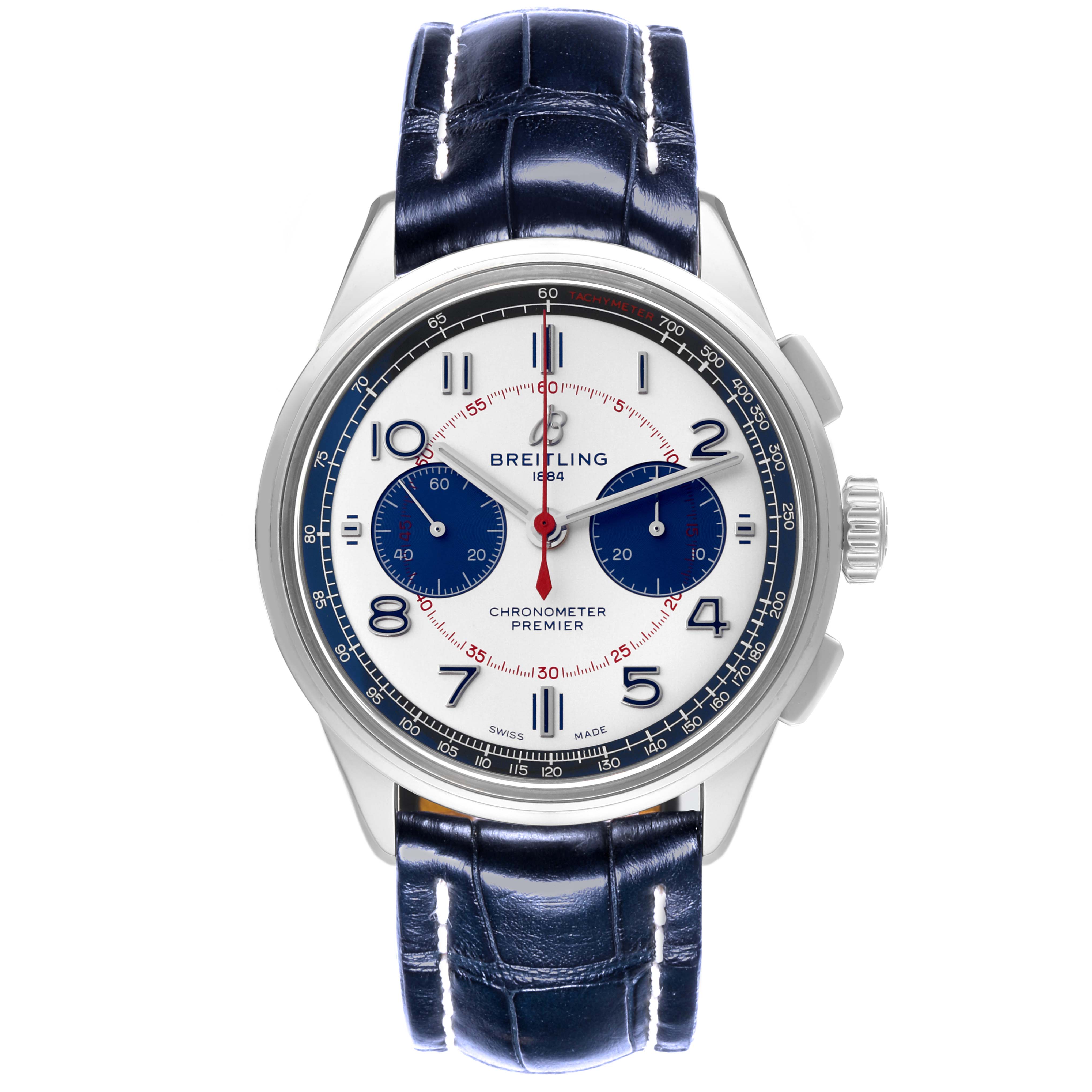 The Breitling Premier AB0118 Men's Stainless Steel Silver Dial AB0118 Men's Stainless Steel Silver Dial watch is shown from the front, displaying the face, chronograph dials, and dark blue leather strap.