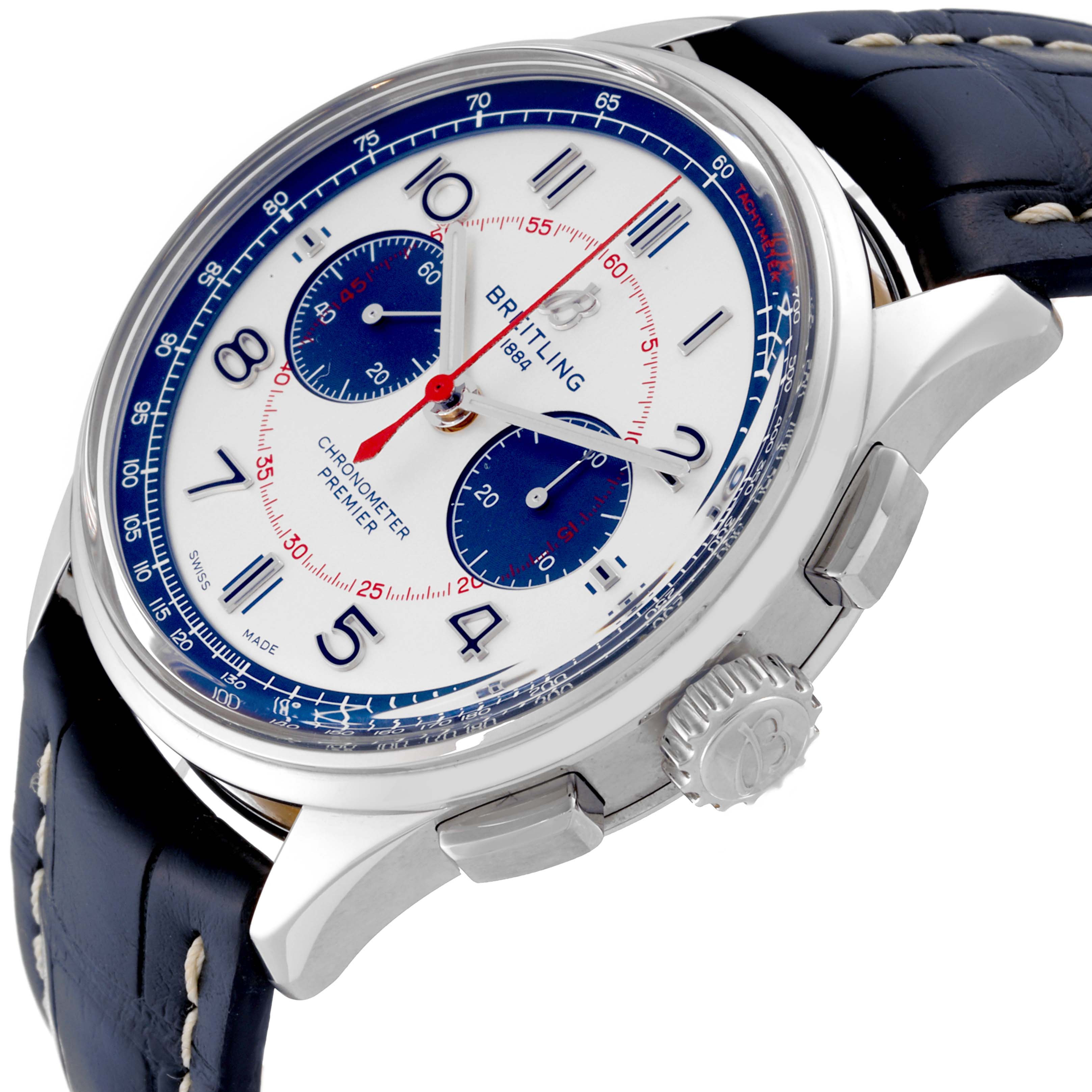 The Breitling Premier AB0118 Men's Stainless Steel Silver Dial AB0118 Men's Stainless Steel Silver Dial watch is shown at an angle highlighting the dial, crown, pushers, and part of the blue leather strap.