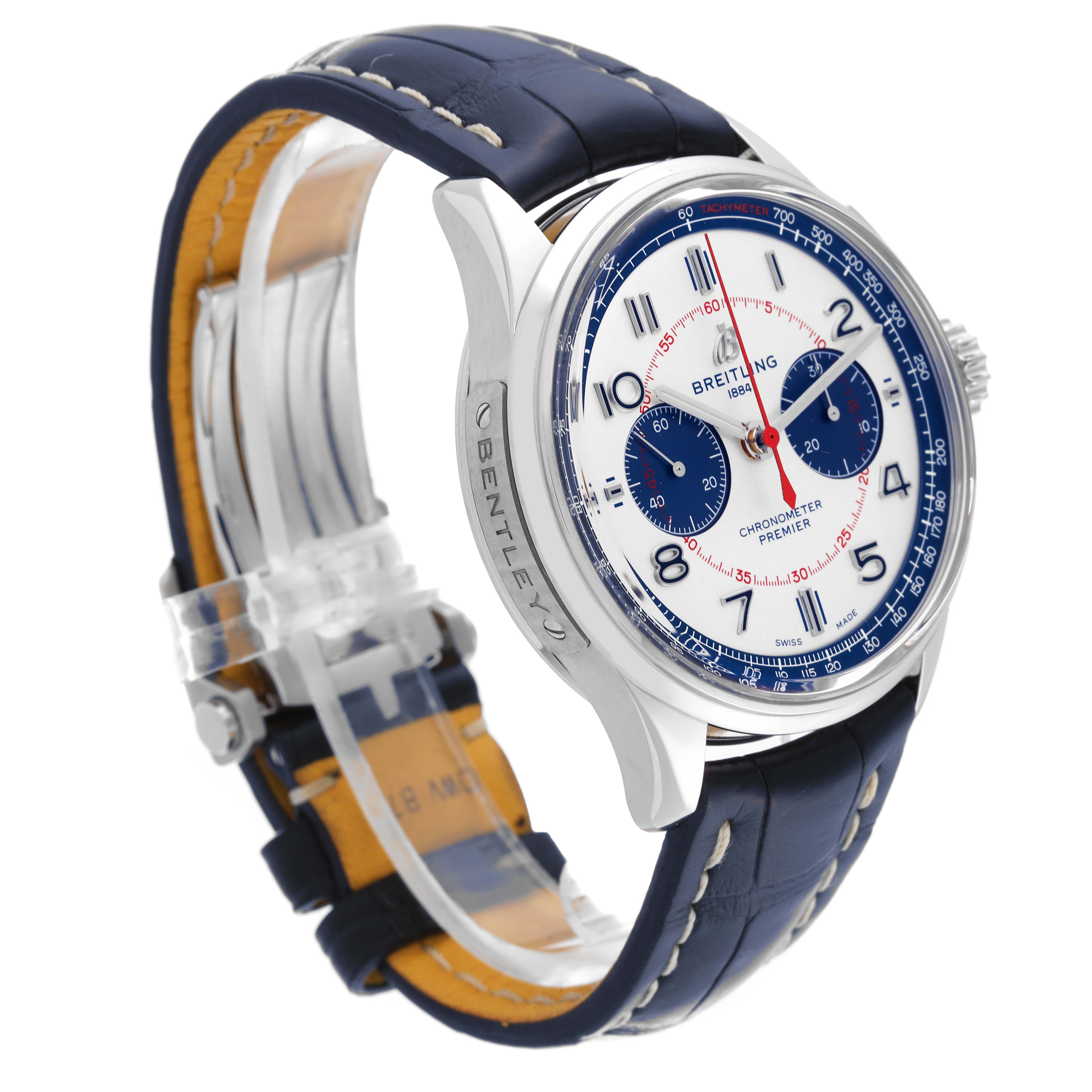 The Breitling Premier AB0118 Men's Stainless Steel Silver Dial AB0118 Men's Stainless Steel Silver Dial watch is shown at a side angle, highlighting the blue strap, dial, and side engraving.