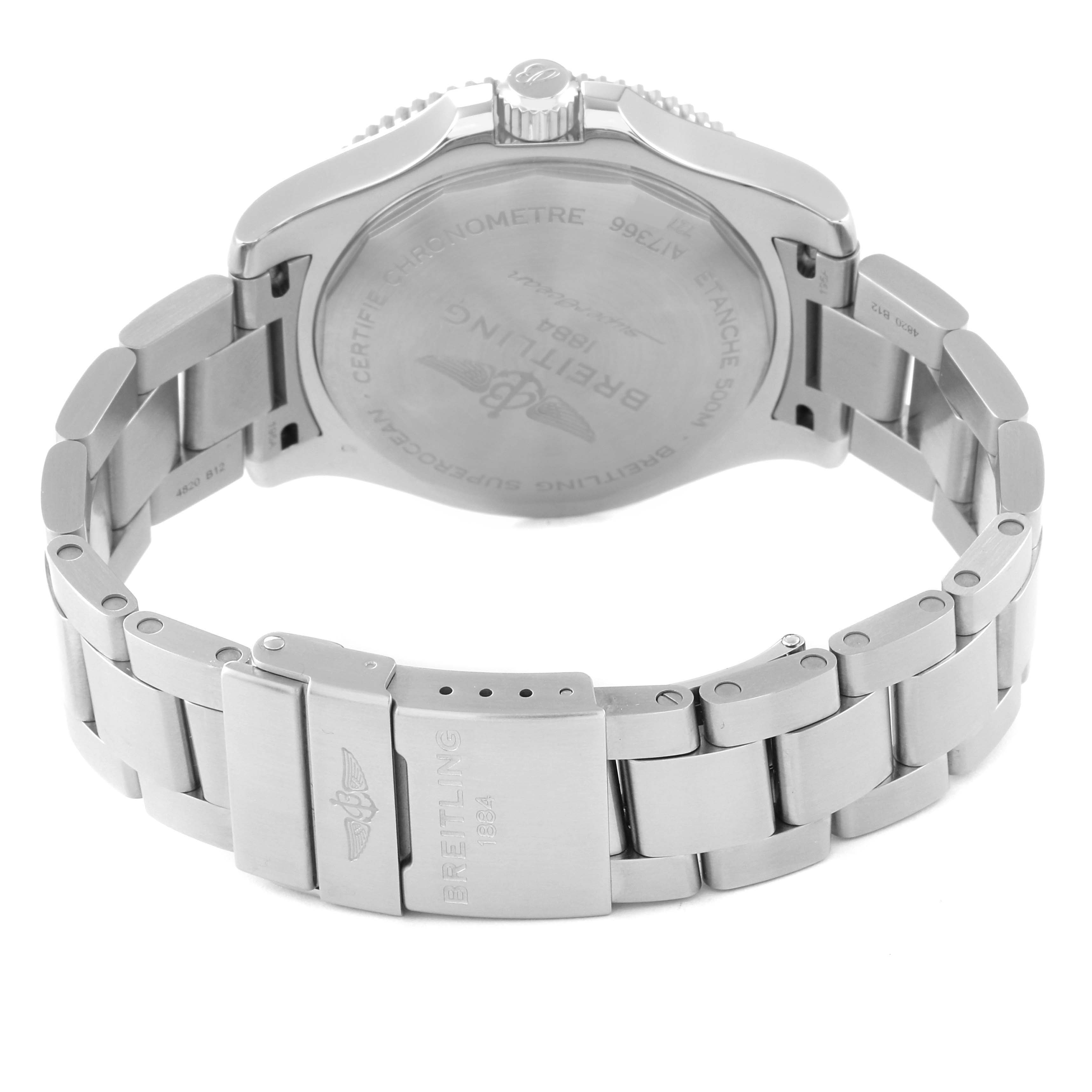 The image shows the back and bracelet of a Breitling Superocean A17366 Men's Stainless Steel Black Dial A17366 Men's Stainless Steel Black Dial watch, featuring its clasp and case back.