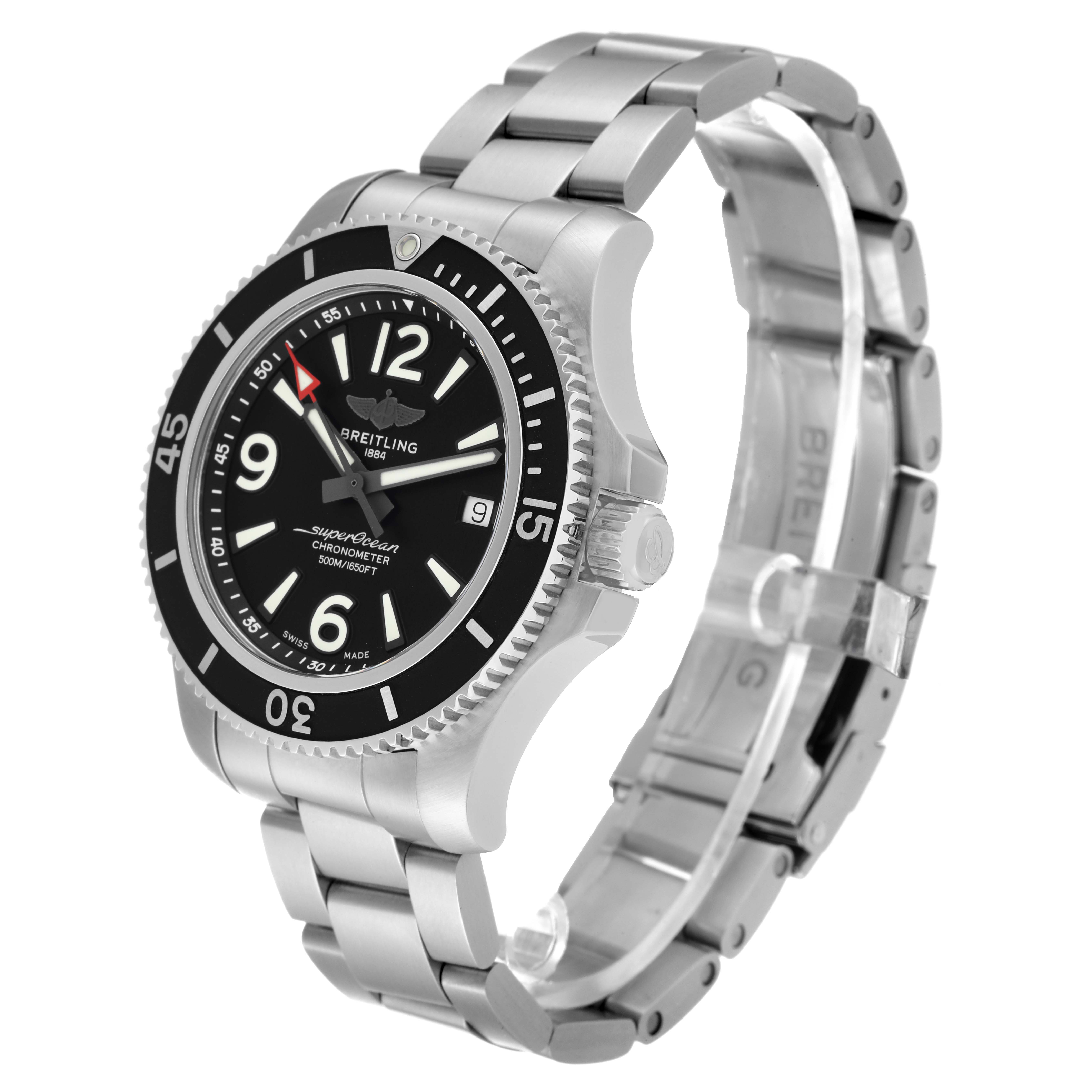The Breitling Superocean A17366 Men's Stainless Steel Black Dial A17366 Men's Stainless Steel Black Dial watch is shown at a three-quarter angle, displaying its face, bezel, crown, and metal bracelet.