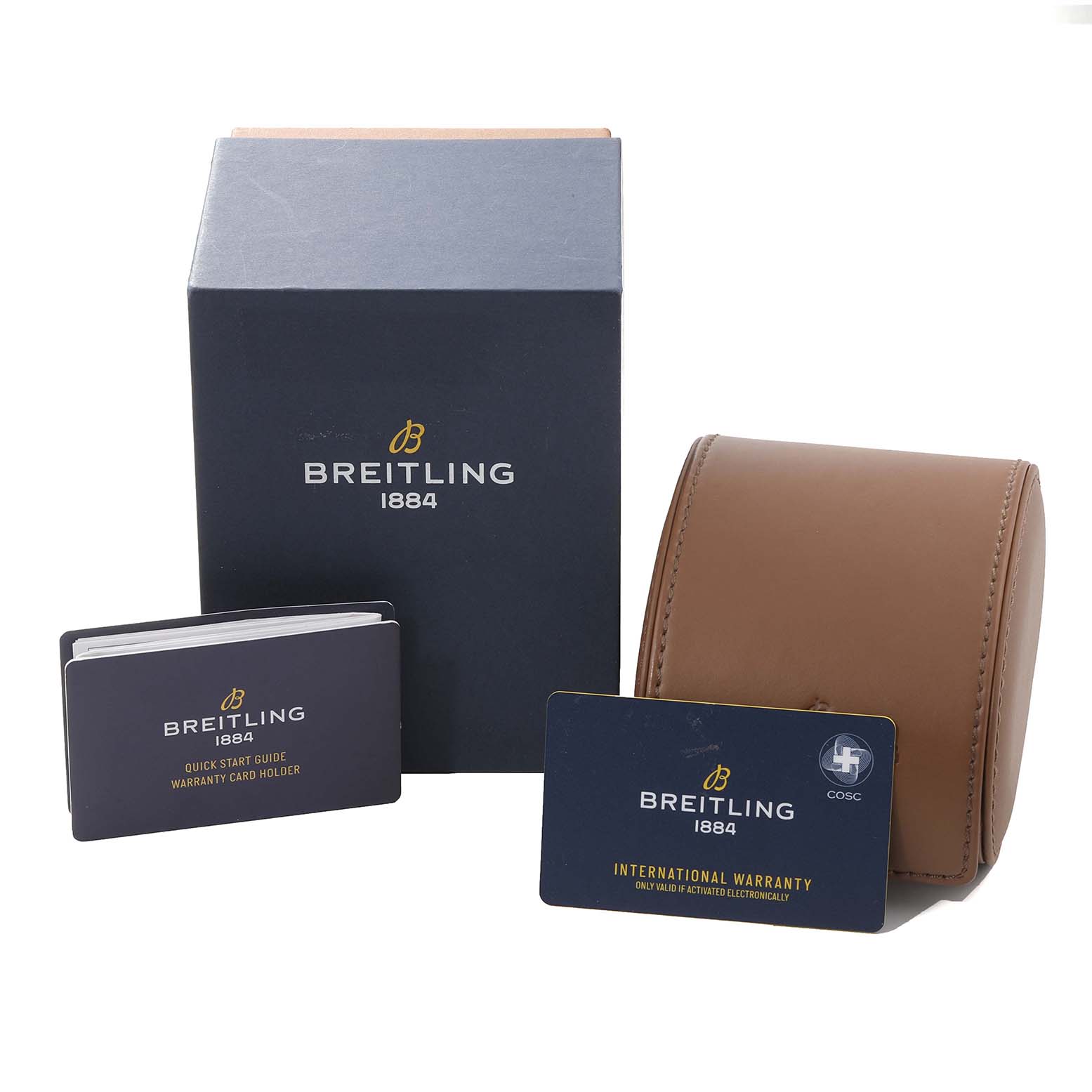 The image shows the packaging, warranty card, quick start guide, and watch case for the Breitling Superocean A17366 Men's Stainless Steel Black Dial A17366 Men's Stainless Steel Black Dial model.