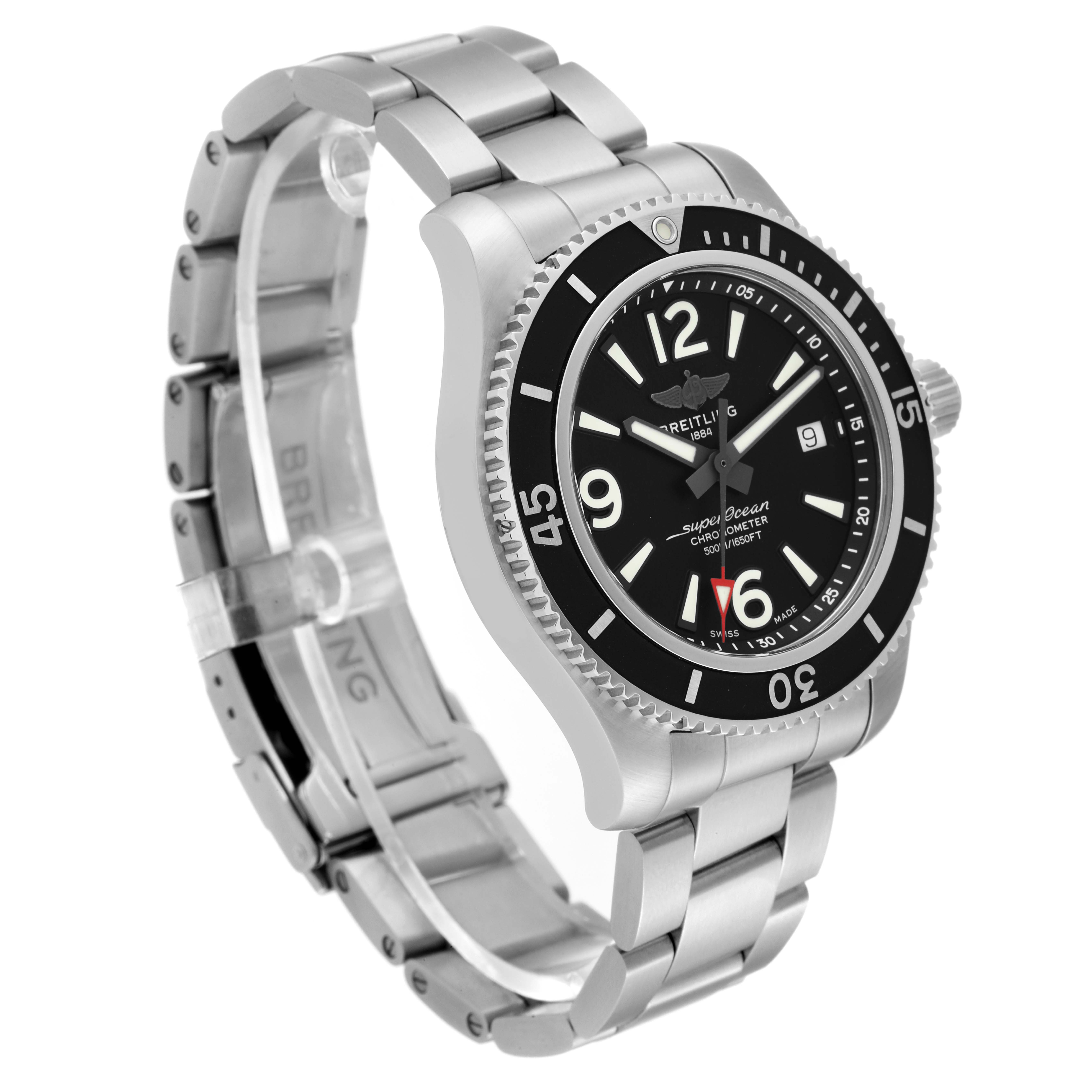 This image shows a side angle view of the Breitling Superocean A17366 Men's Stainless Steel Black Dial A17366 Men's Stainless Steel Black Dial watch, featuring its bracelet, bezel, and dial.