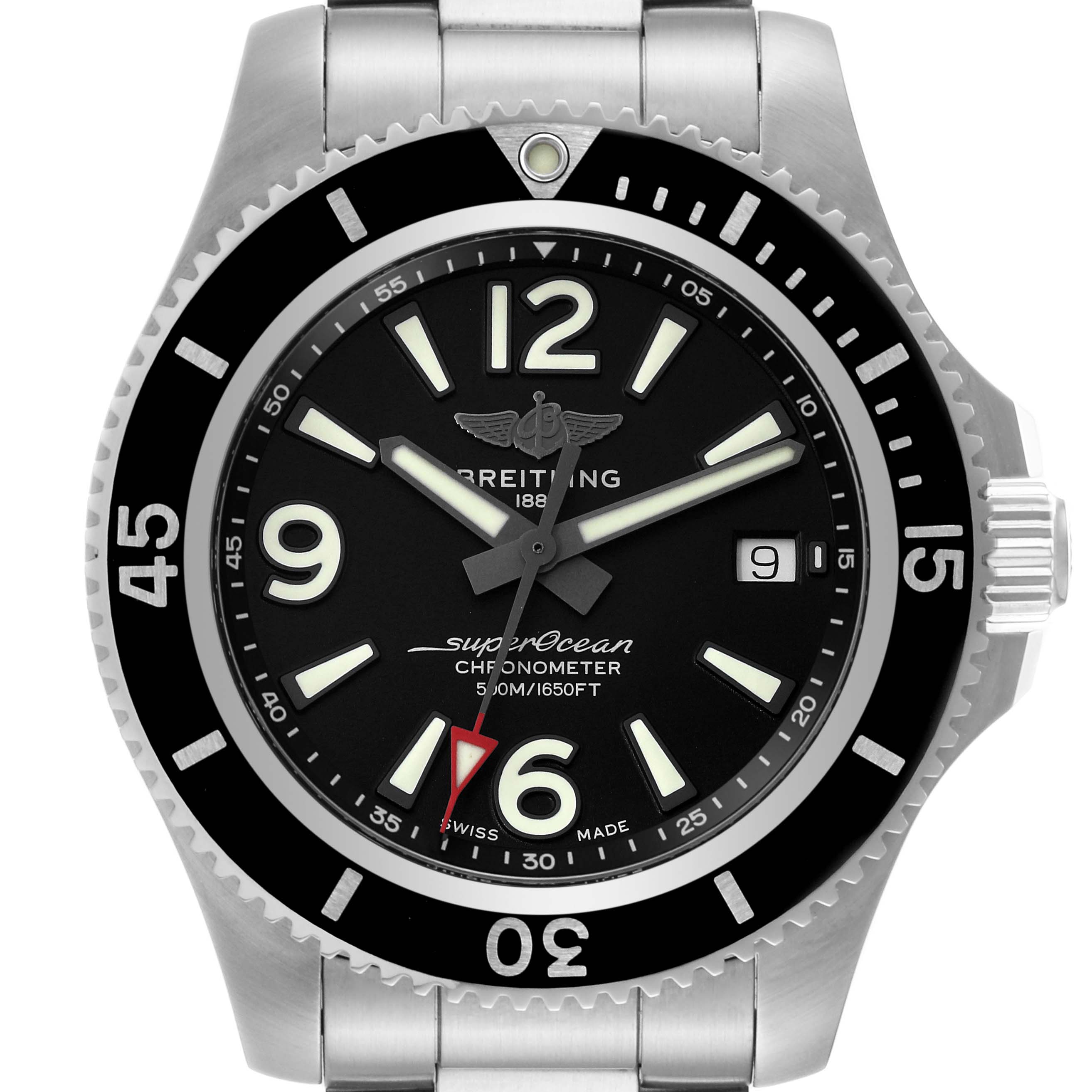The image shows a front view of a Breitling Superocean A17366 Men's Stainless Steel Black Dial A17366 Men's Stainless Steel Black Dial watch, highlighting the dial, bezel, hands, crown, and part of the bracelet.