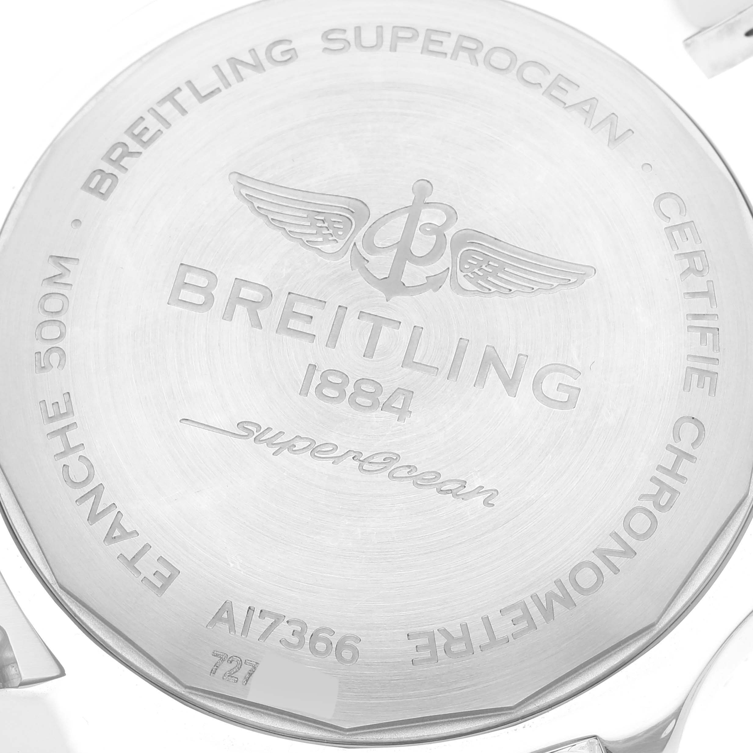 This image shows the back casing of a Breitling Superocean A17366 Men's Stainless Steel Black Dial A17366 Men's Stainless Steel Black Dial watch, highlighting the engravings and model details.