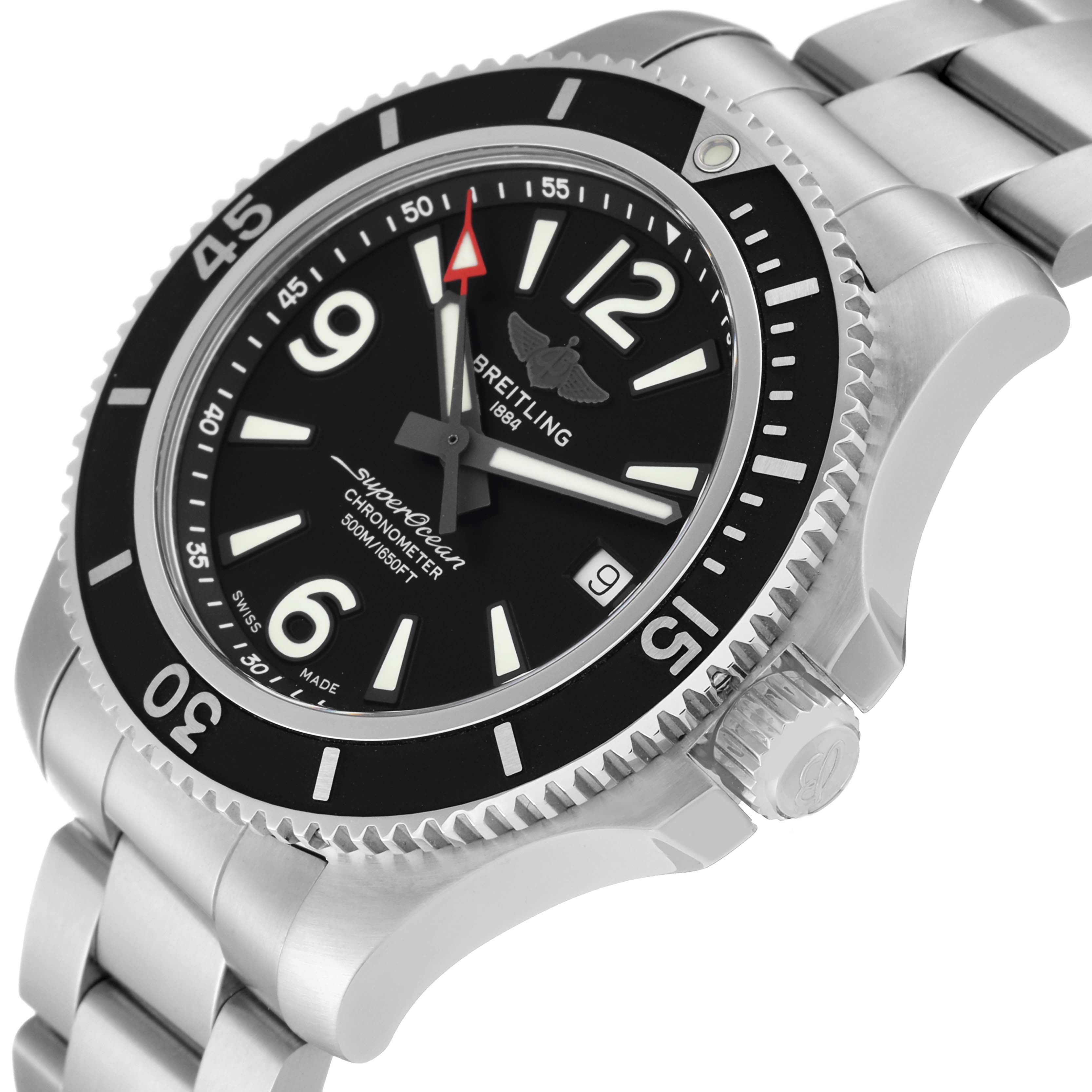 The Breitling Superocean A17366 Men's Stainless Steel Black Dial A17366 Men's Stainless Steel Black Dial watch is shown at an angled close-up, highlighting the dial, bezel, crown, and a portion of the bracelet.