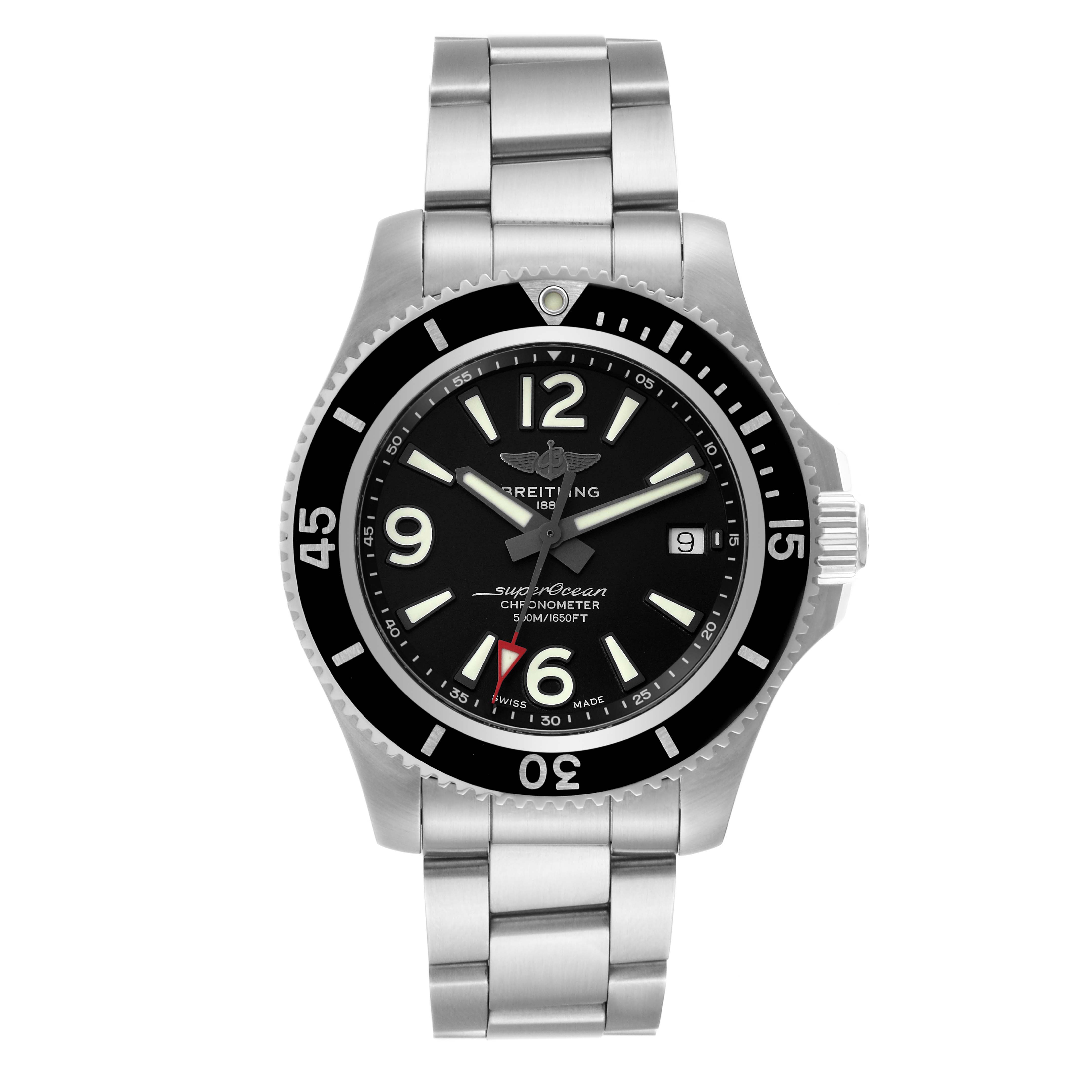 The image shows a Breitling Superocean A17366 Men's Stainless Steel Black Dial A17366 Men's Stainless Steel Black Dial watch from a front angle, displaying its face, bezel, and metal bracelet.