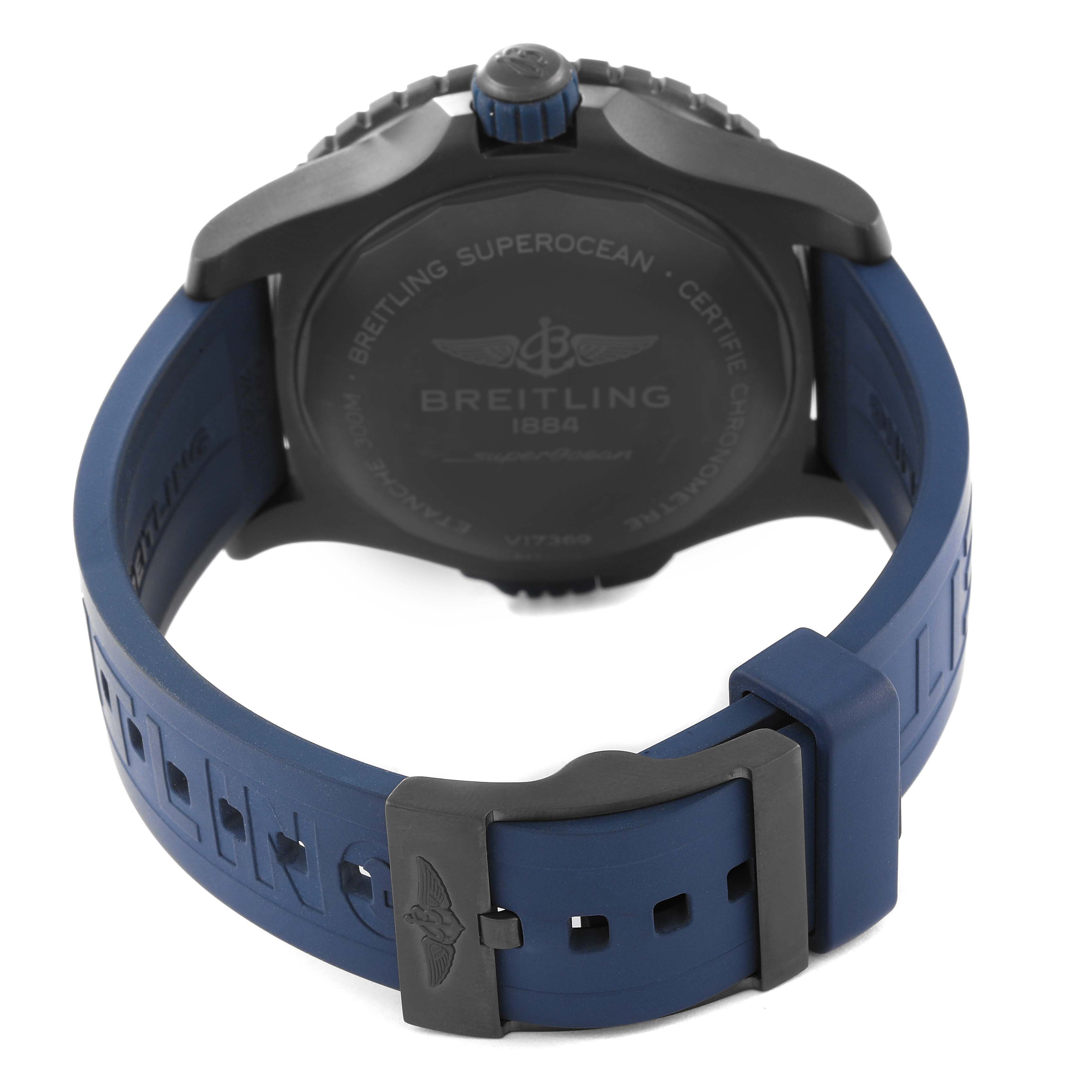 The image shows the back view of a Breitling Superocean V17369 Men's Titanium Blue Dial V17369 Men's Titanium Blue Dial watch with its blue rubber strap and clasp.