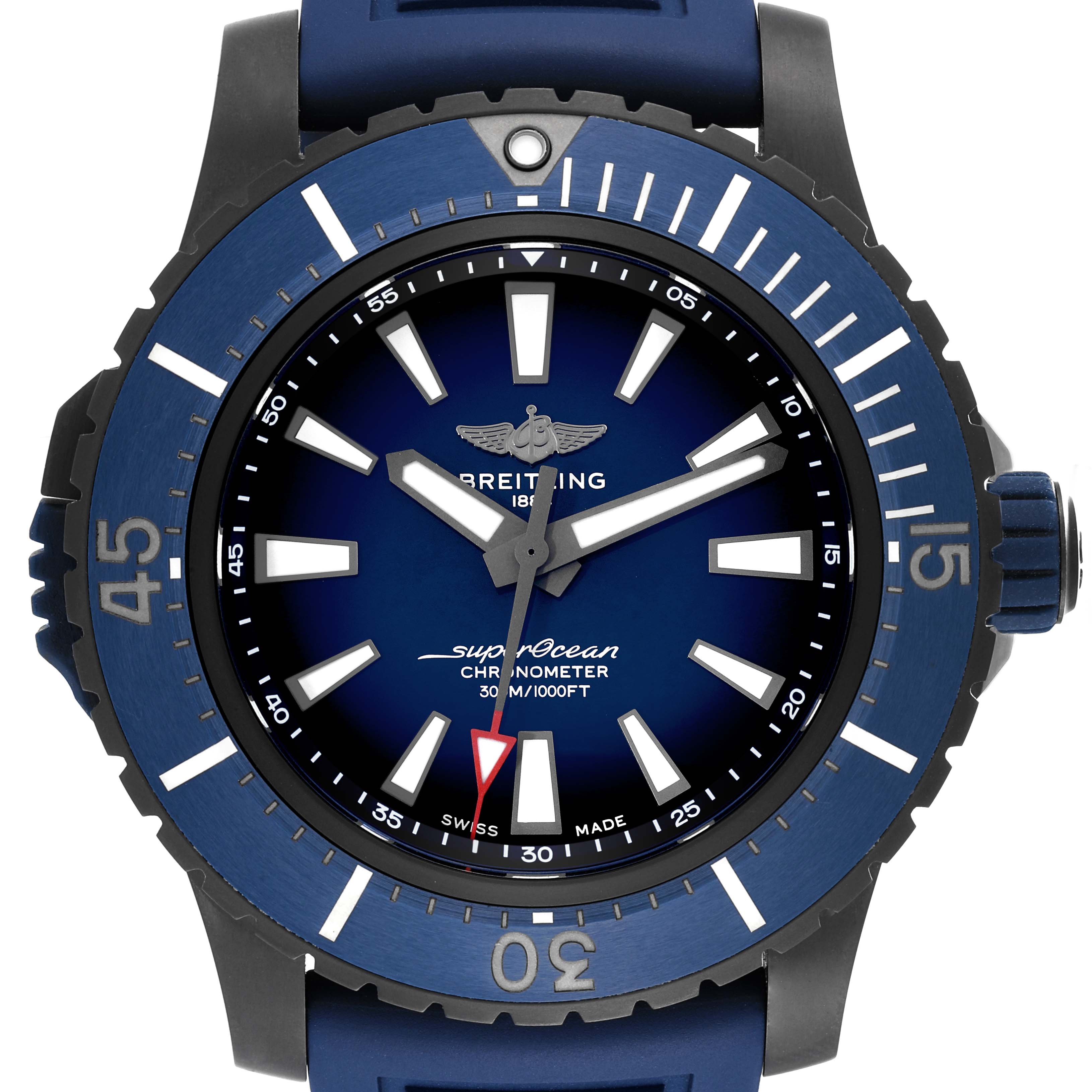 This Breitling Superocean V17369 Men's Titanium Blue Dial V17369 Men's Titanium Blue Dial watch shows the face from a front angle, displaying the bezel, dial, hands, and markers.