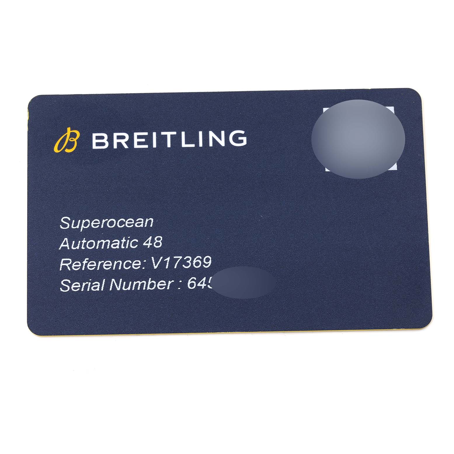 This image shows the warranty card for a Breitling Superocean V17369 Men's Titanium Blue Dial V17369 Men's Titanium Blue Dial Automatic 48 watch, including reference and serial numbers.