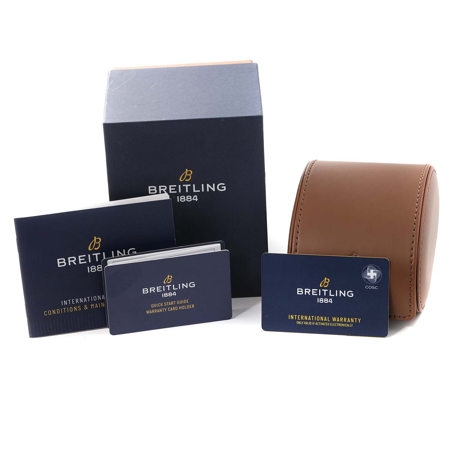 The image shows the packaging and documentation for the Breitling Superocean V17369 Men's Titanium Blue Dial V17369 Men's Titanium Blue Dial, including warranty cards, manuals, and a travel case.