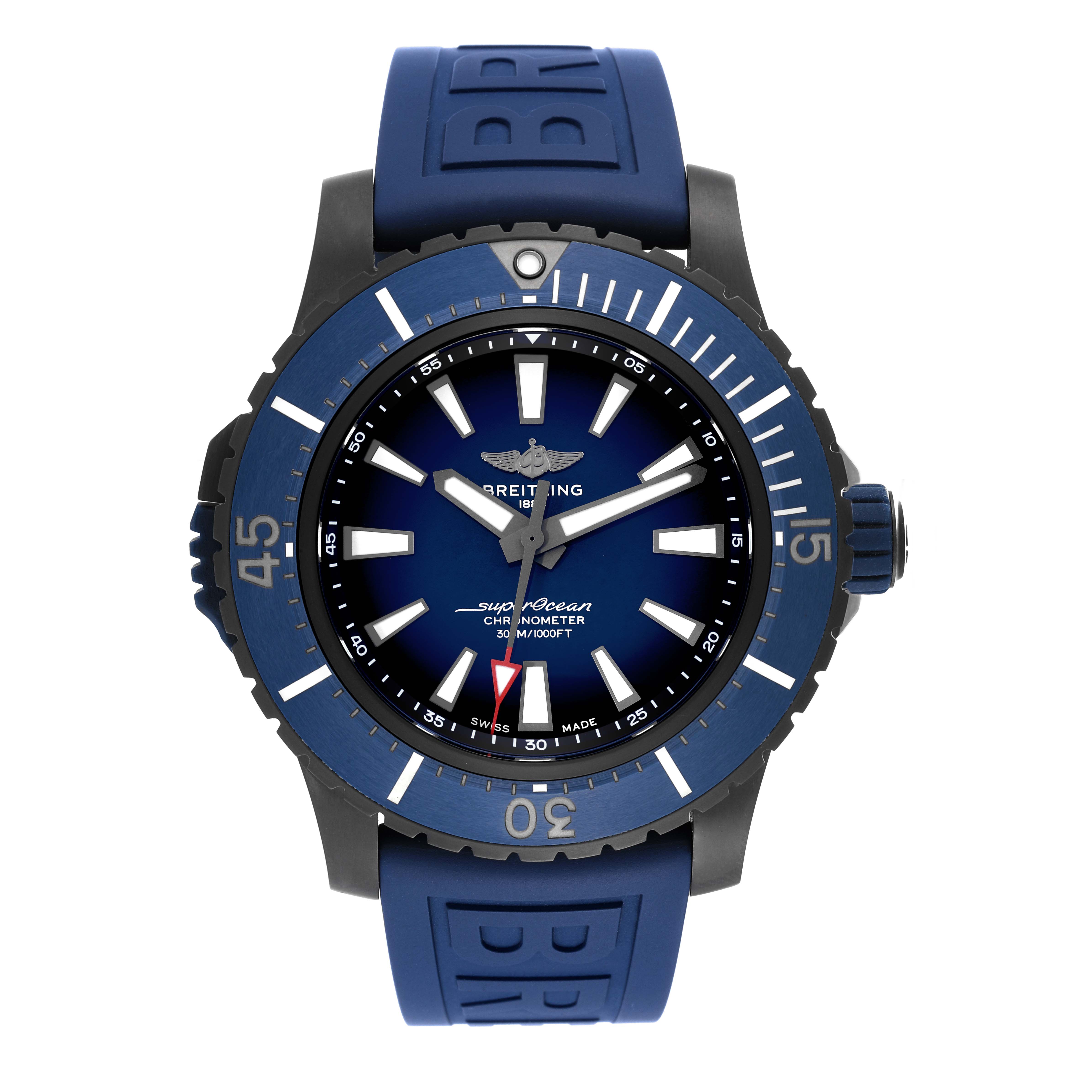 The Breitling Superocean V17369 Men's Titanium Blue Dial V17369 Men's Titanium Blue Dial watch is shown from a front angle, showcasing the face, bezel, and blue rubber strap.