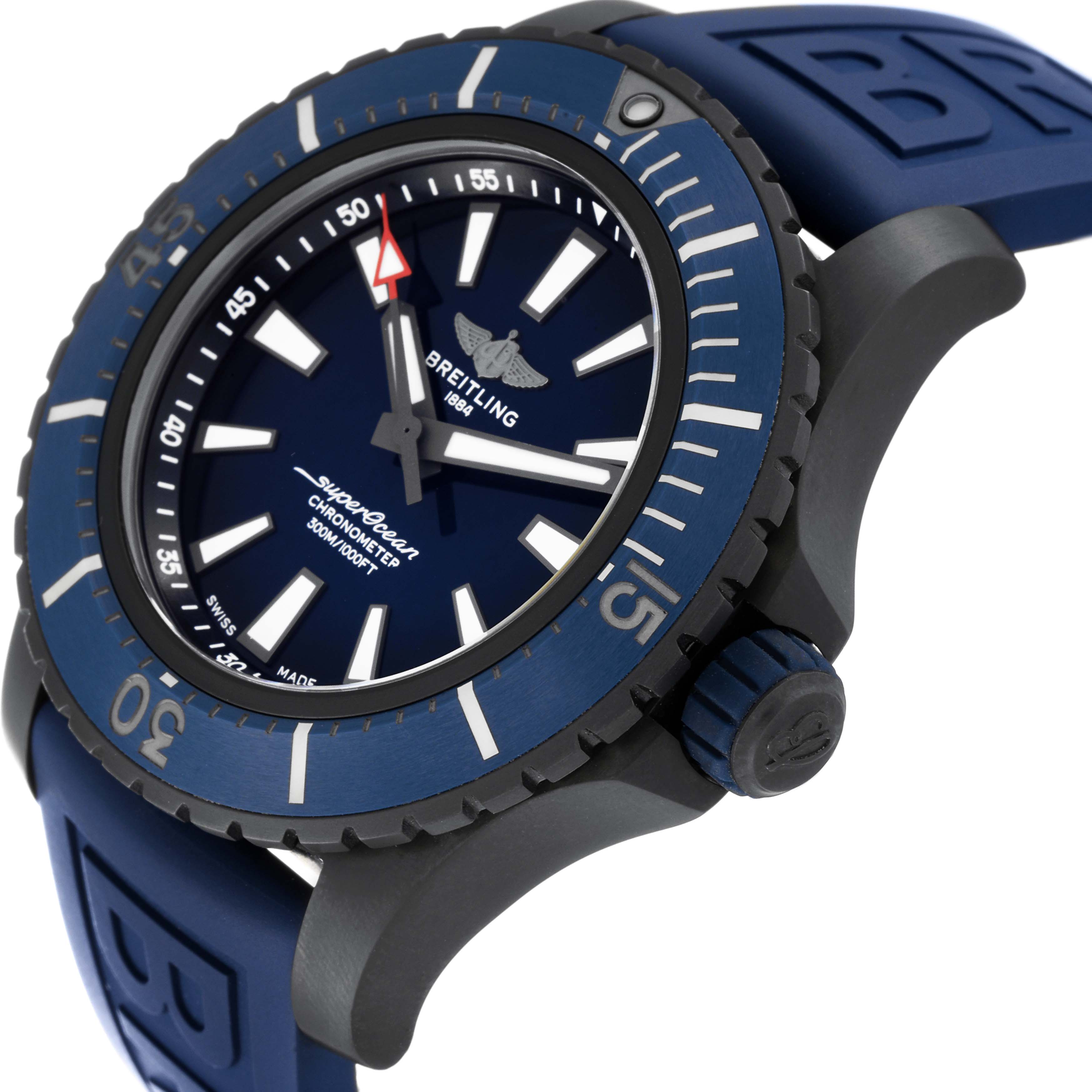 The image shows a side angle of the Breitling Superocean V17369 Men's Titanium Blue Dial V17369 Men's Titanium Blue Dial watch, highlighting its blue bezel, dial, and rubber strap.