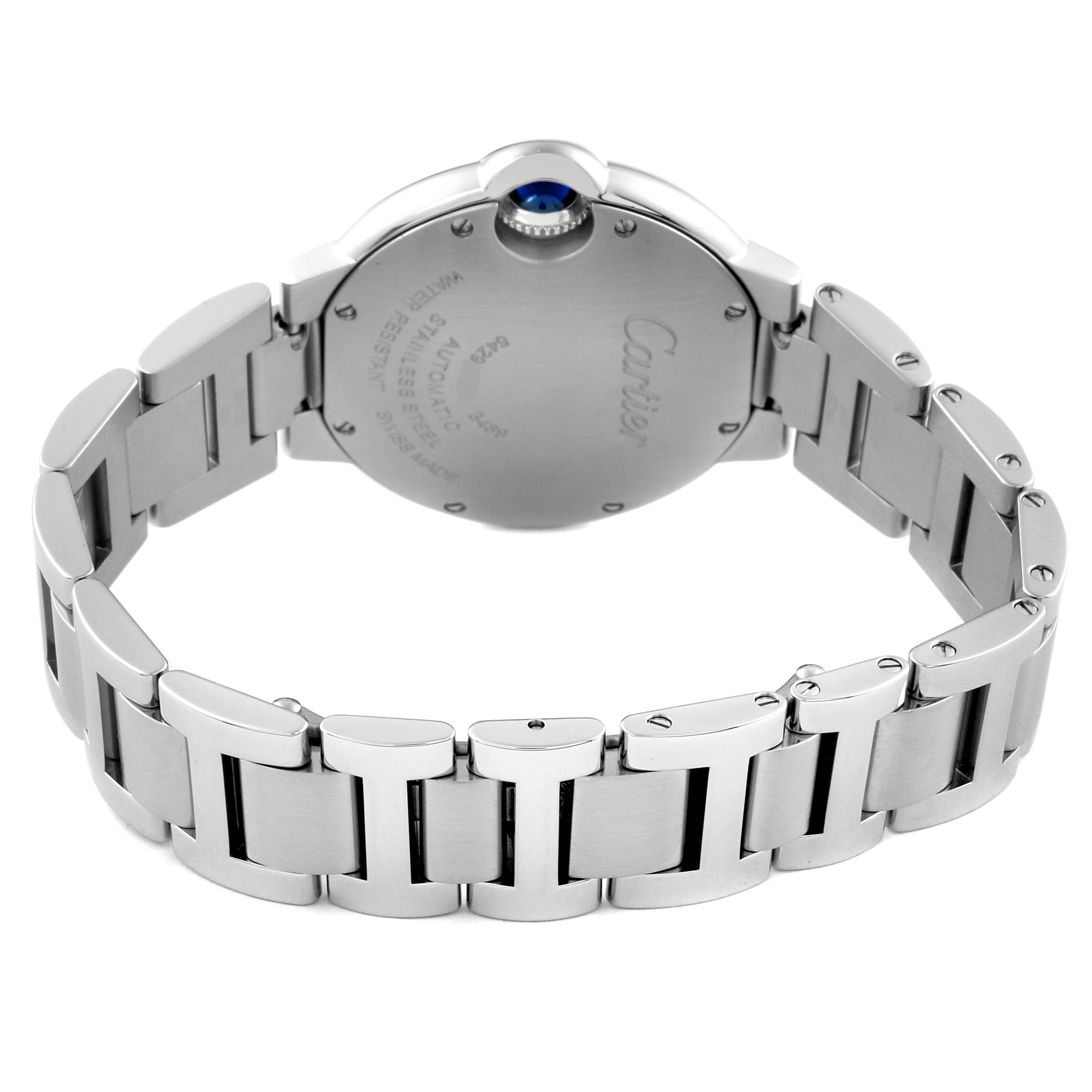 The image shows the back of the Cartier Ballon Bleu W4BB0016 Women's Stainless Steel Silver Dial W4BB0016 Women's Stainless Steel Silver Dial watch, highlighting the bracelet and case back.
